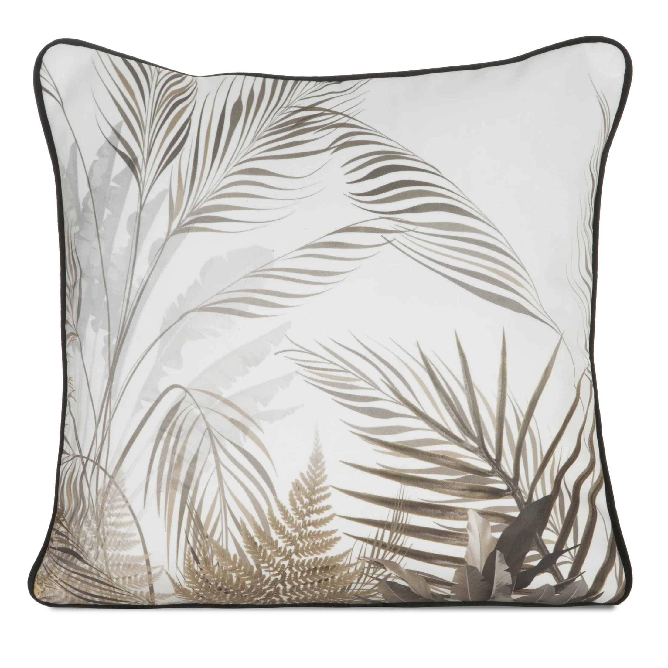 Poszewka na poduszkę 45x45 cm welwetowa biało beżowa z nadrukiem liści palmy i wypustką na brzegach EVA 17 B Eva Minge | eurofirany