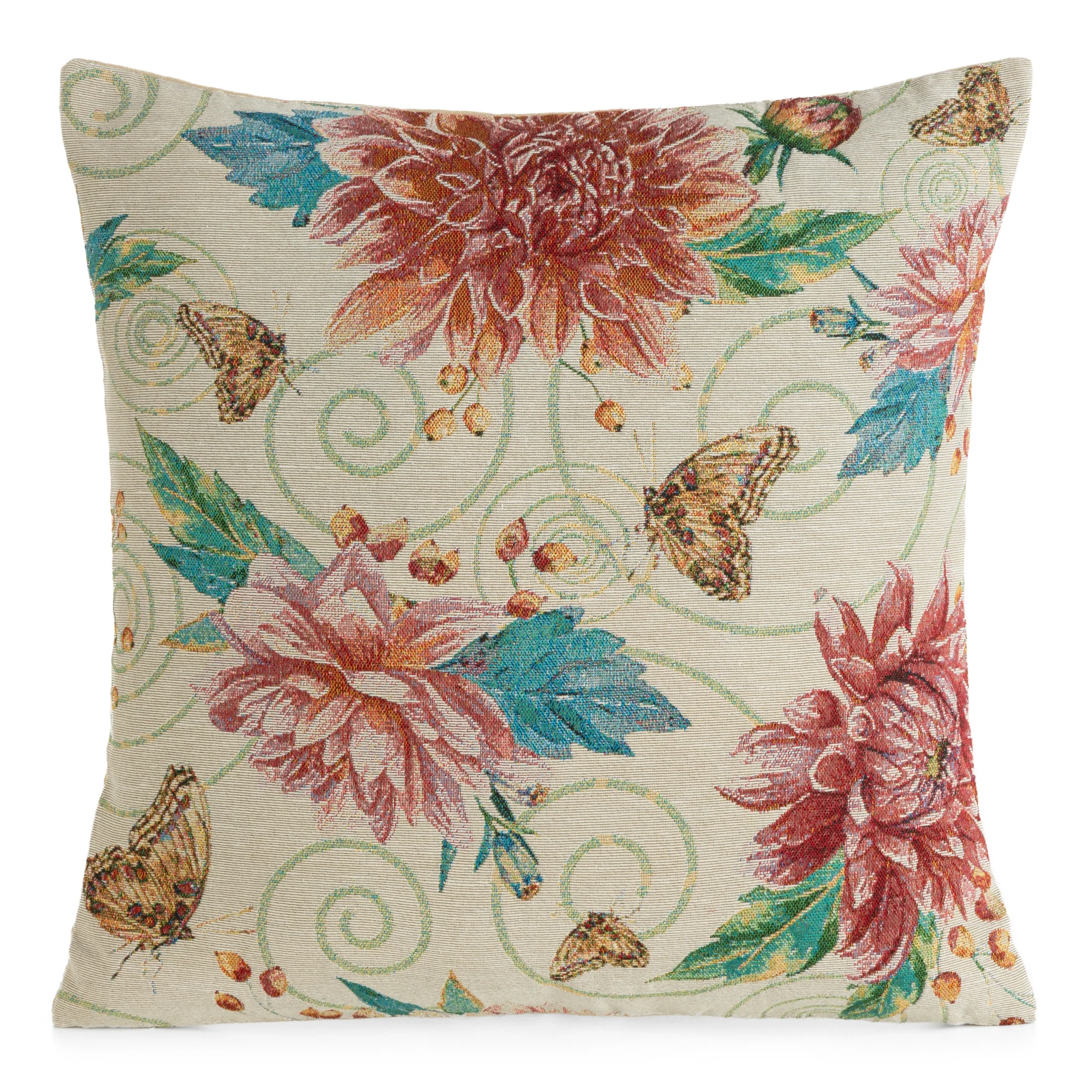 Poszewka na poduszkę 45x45 cm beżowo, czerwona żakardowa z motywem roślinnym GOBELIN | eurofirany