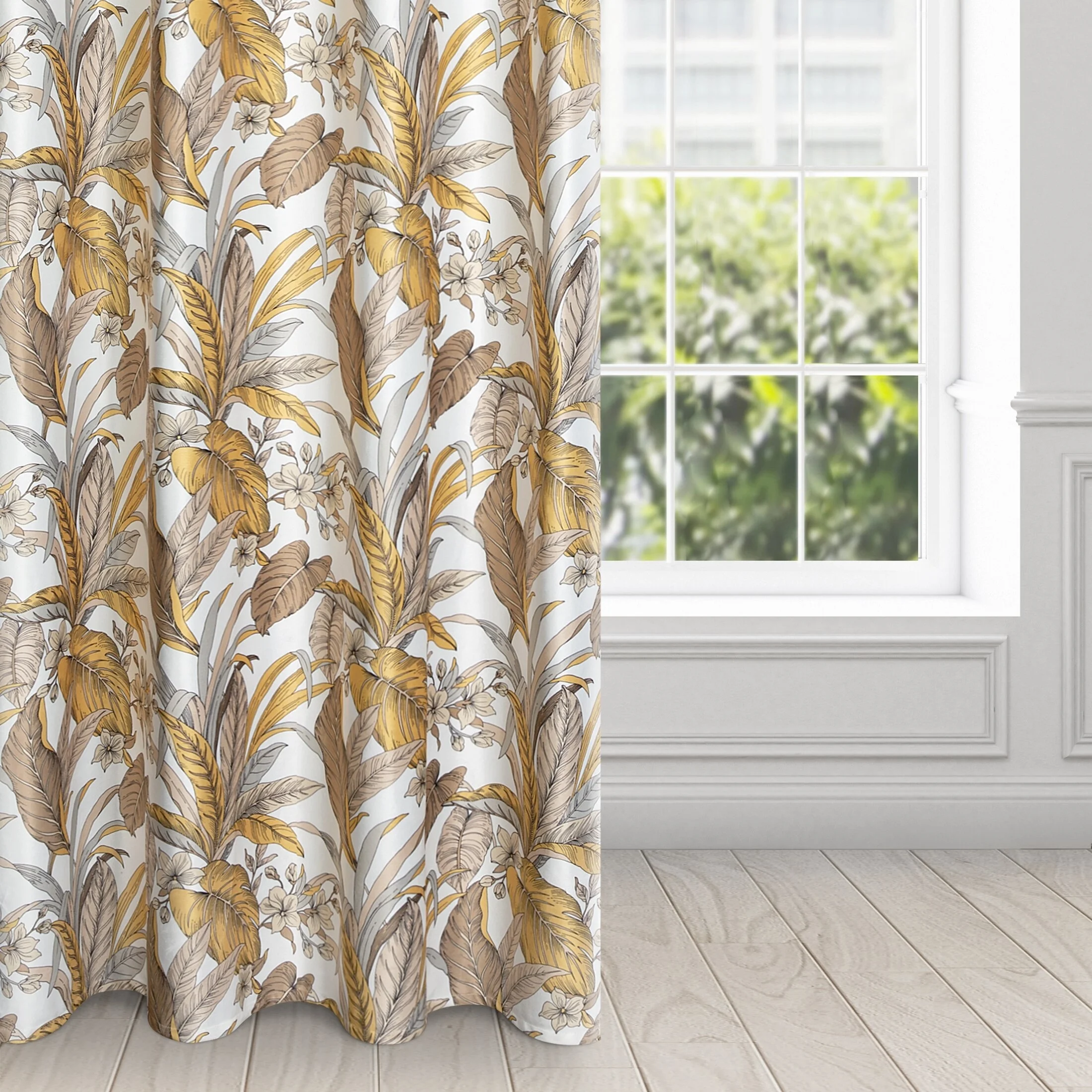 Zasłona beżowo, biała z wzorem egzotycznych liści 140x250 cm przelotka - BARI - Design 91 | eurofirany