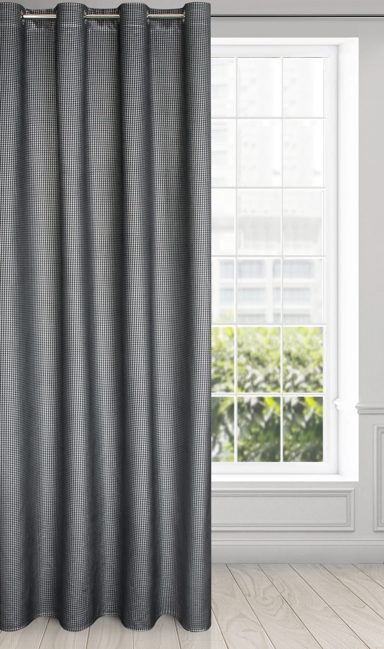 Zasłona welwetowa czarno, srebrna z nadrukiem pepitki 140x250cm przelotka - DARCY