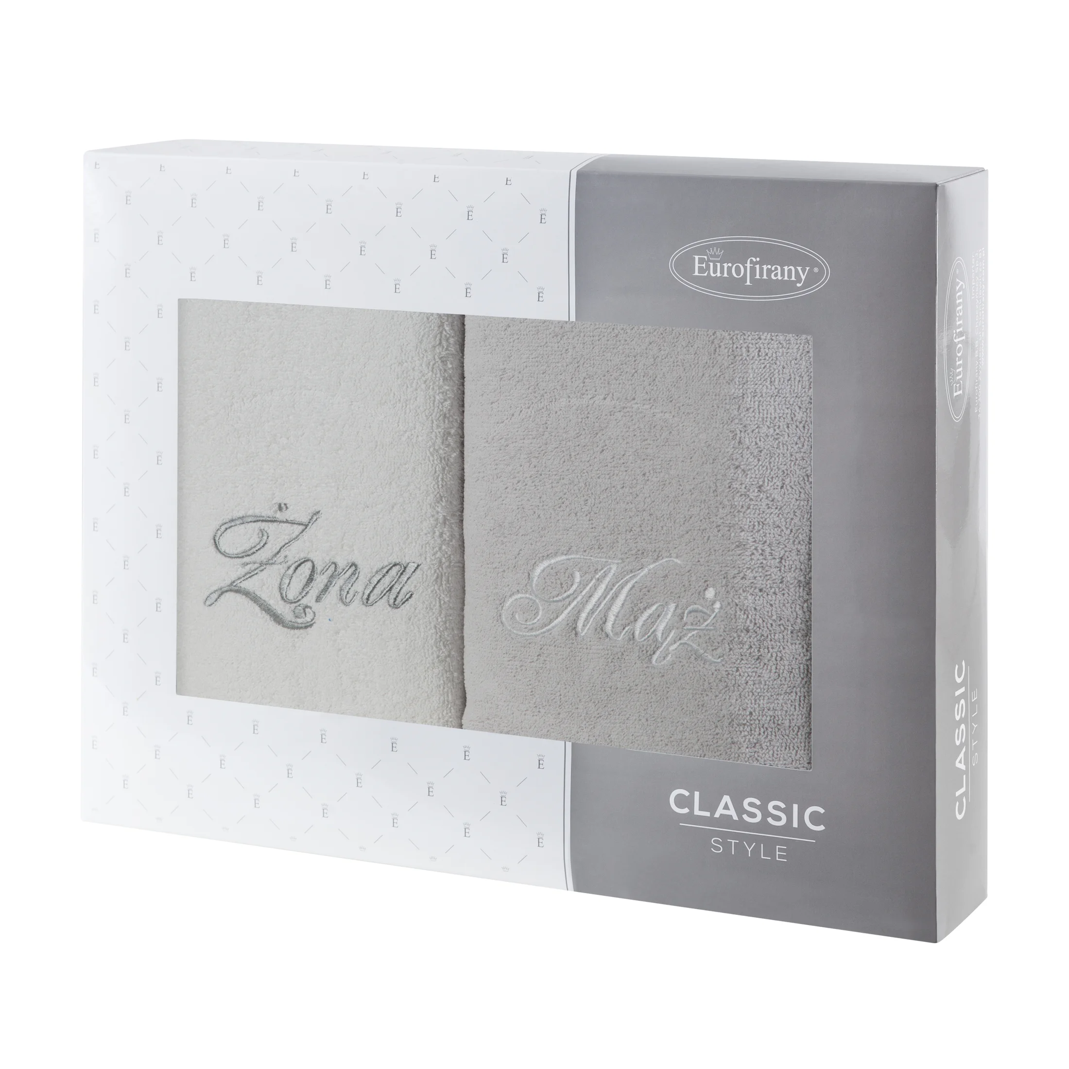 Zestaw ręczników bawełnianych na prezent 2 szt 50x90 cm z haftem Żona i Mąż kolor biały,srebrny 400 g/m2