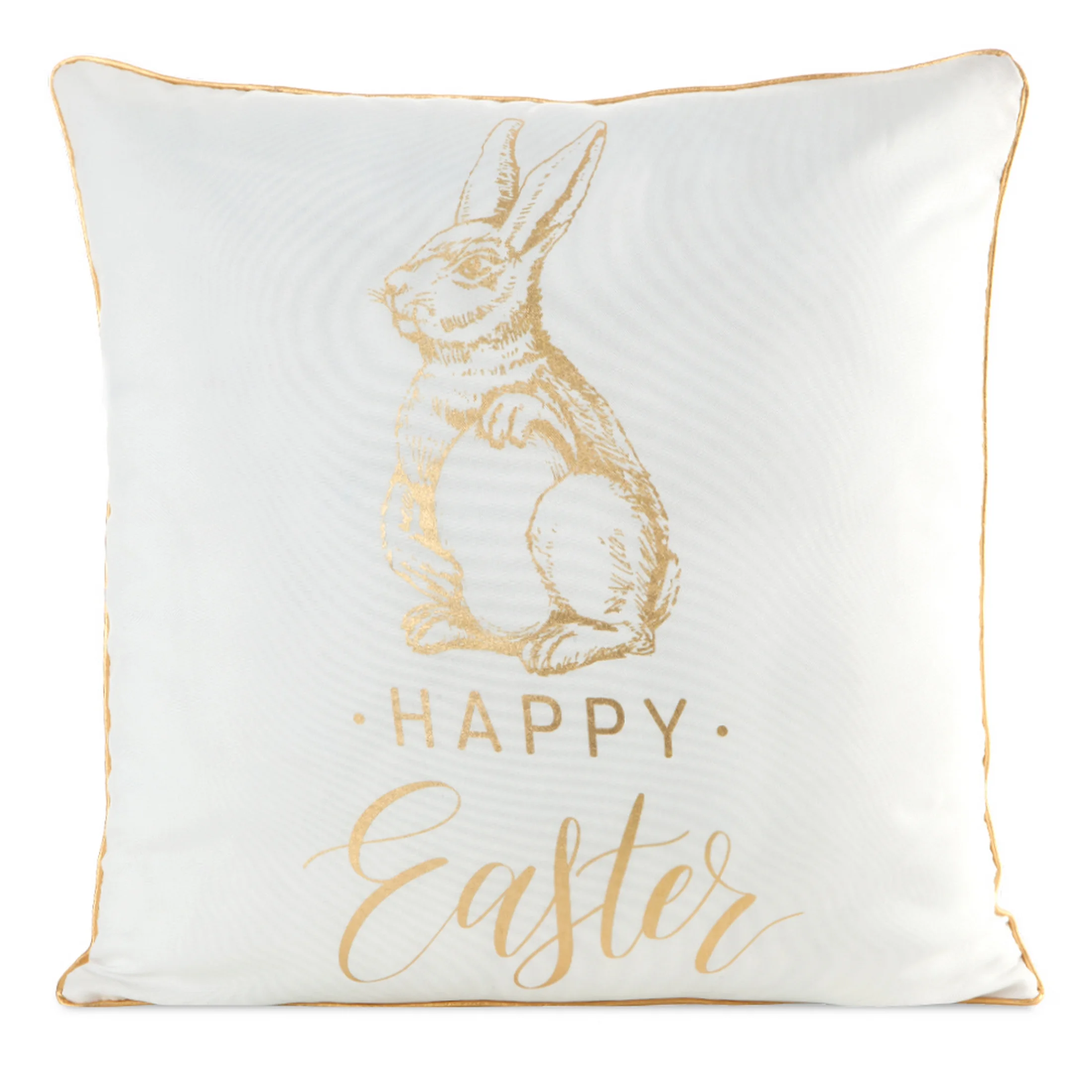 Poszewka na poduszkę 45x45 cm biało, złota z wielkanocnym zającem i ozdobną lamówką WIOSNA 43 | eurofirany