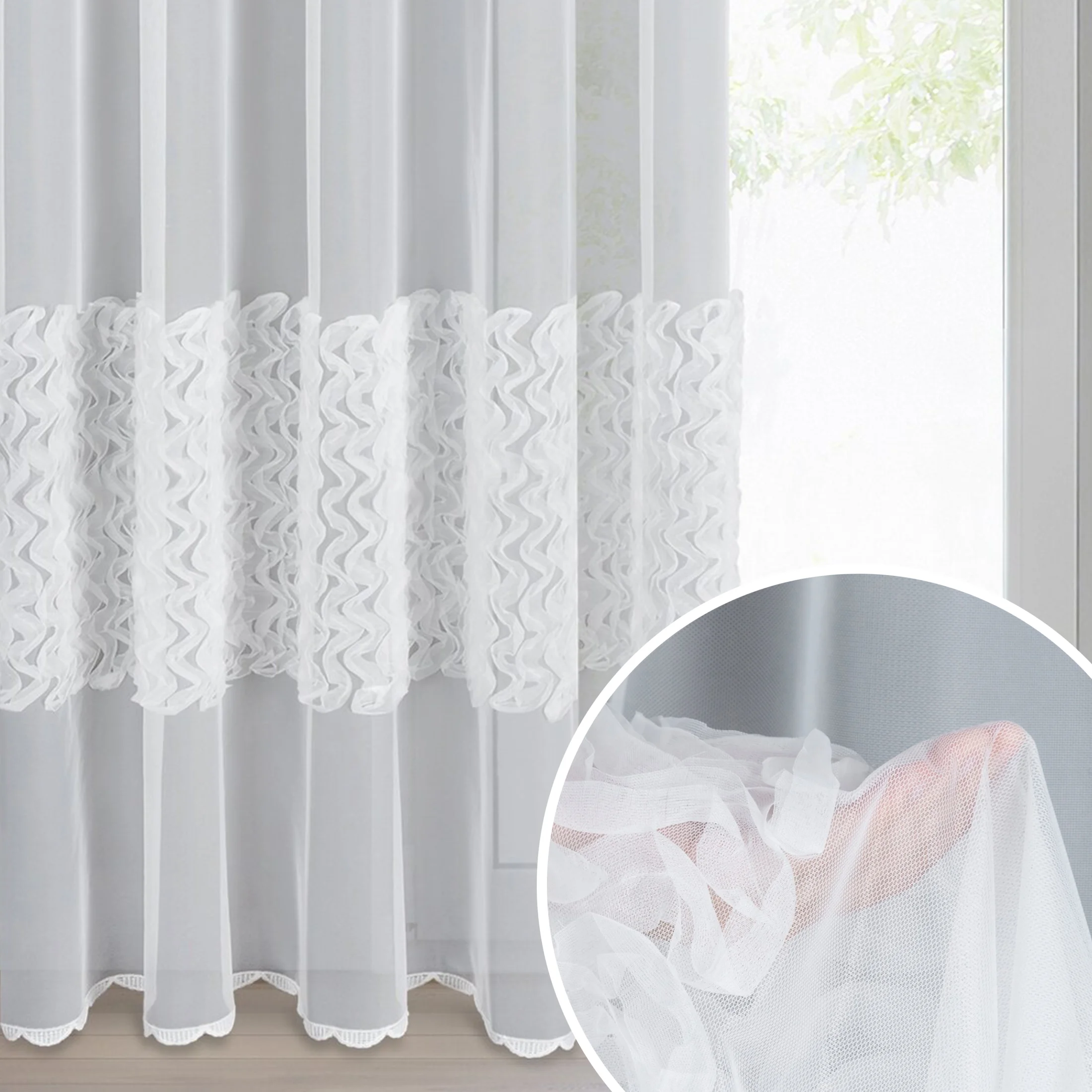 Firana biała gładka zdobiona aplikacją 140x270 cm taśma LORIS | eurofirany