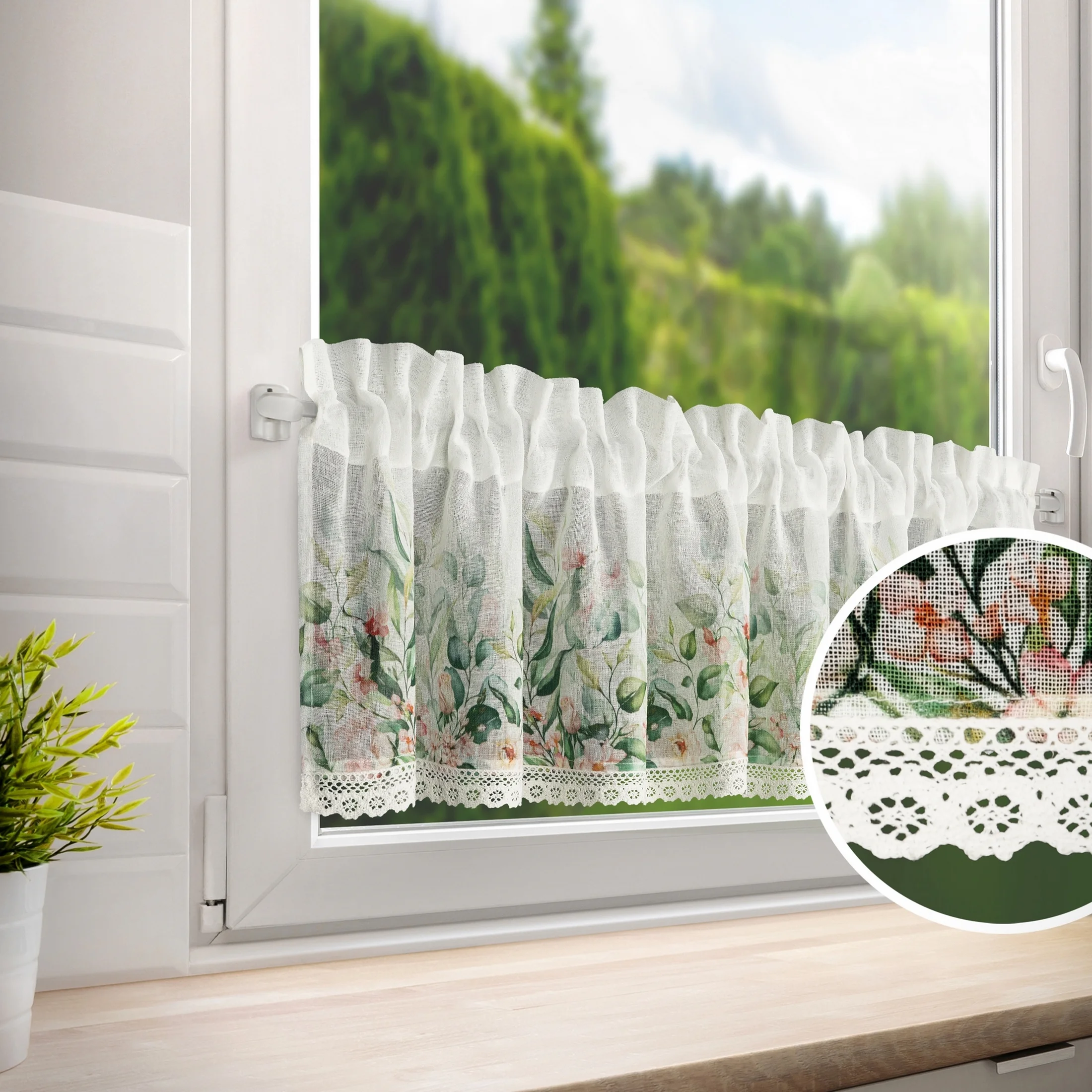 Zazdrostka biało, zielona z etaminy zdobiona nadrukiem kwiatów i koronką 150x30 cm tunel ESTERA