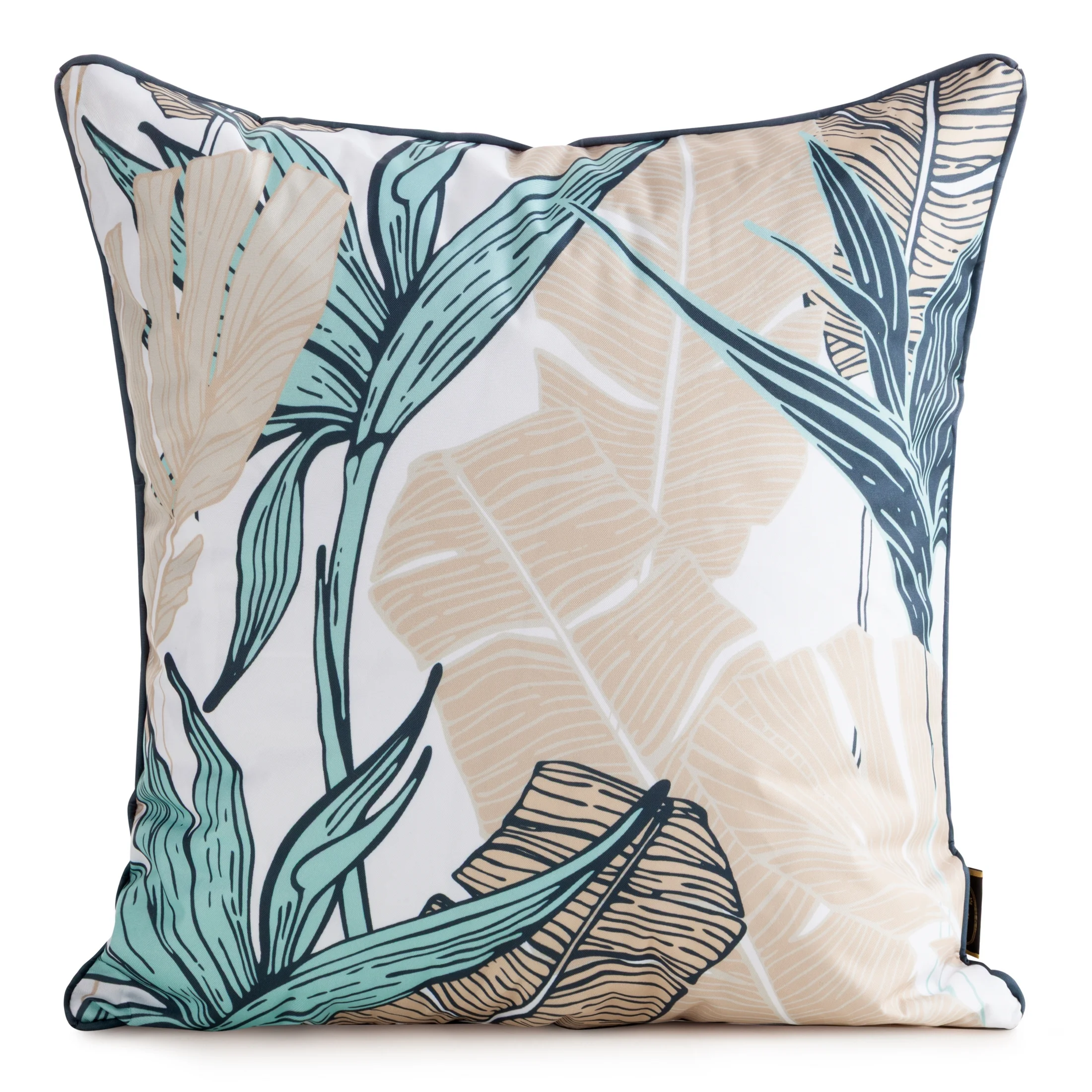 Poszewka na poduszkę 45x45 cm z tkaniny wodoodpornej turkusowo, beżowa idealna na taras oraz balkon z motywem liści bananowca GARDEN | eurofirany