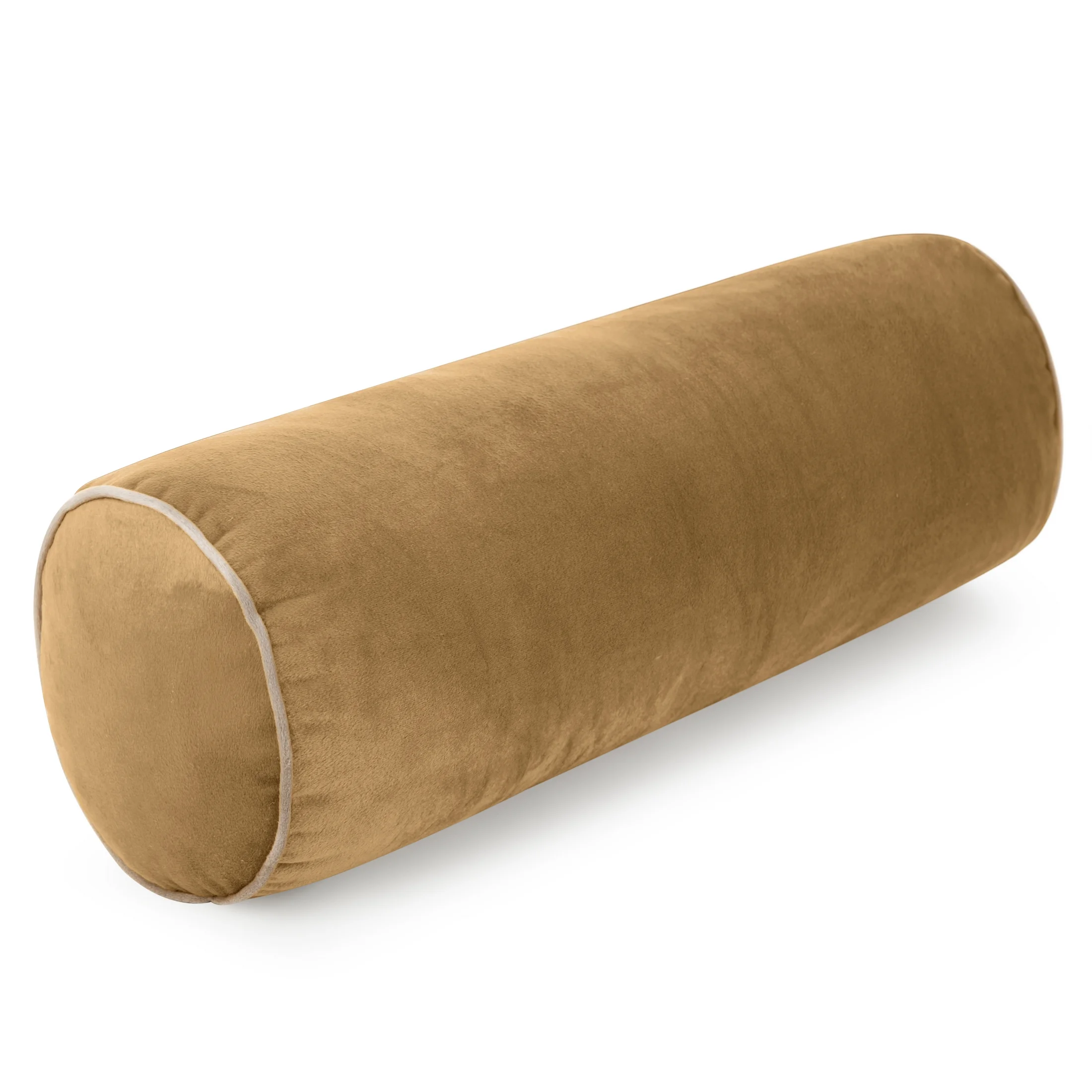 Poduszka dekoracyjna wałek 15 x 45 cm welwetowa miodowa zdobiony kontrastującą lamówką GAJA