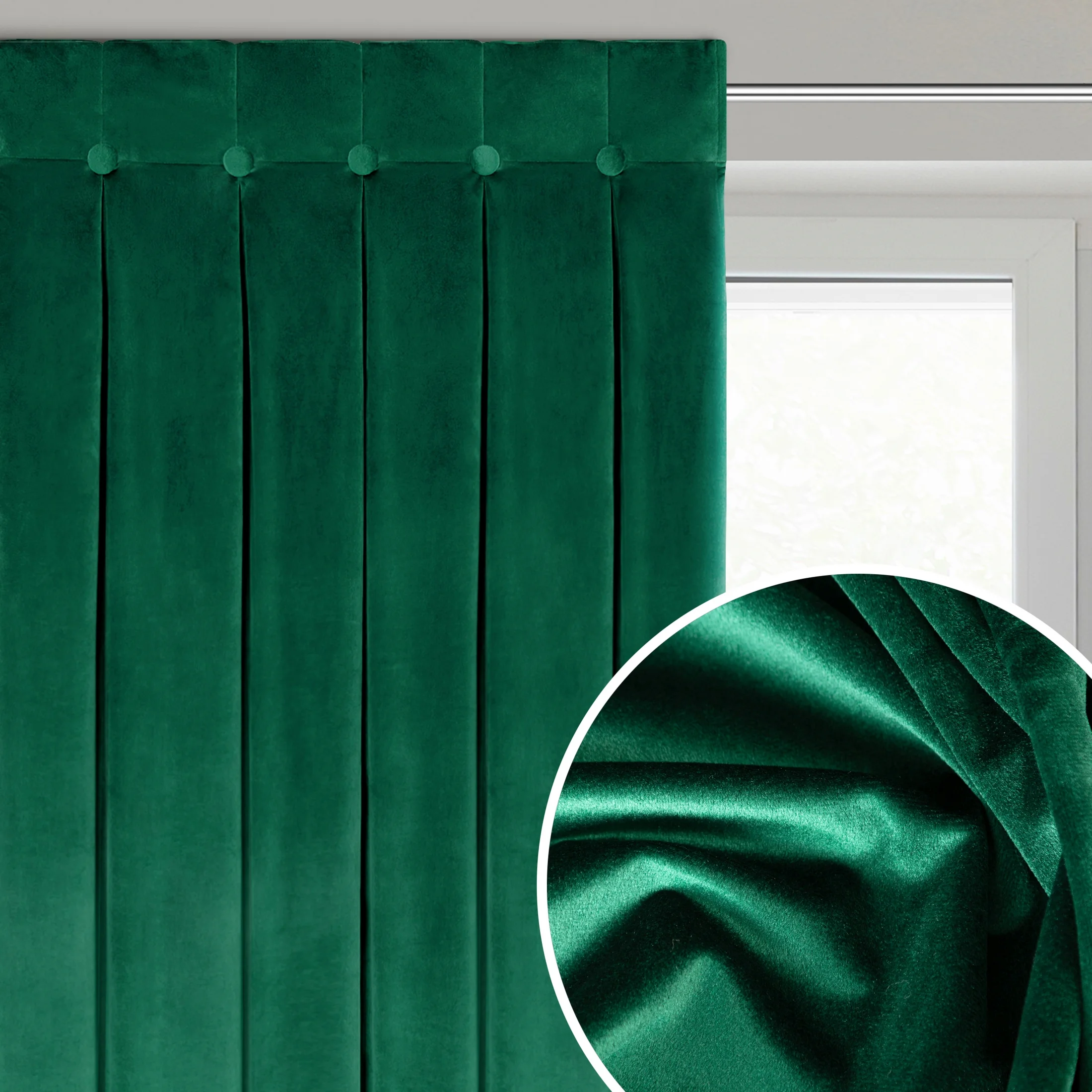 Zasłona ciemnozielona z welwetowej tkaniny zdobiona głębokimi fałdami i guzikami 85x250 cm (wymiar podany na gotowo) szelki - ALITA | eurofirany