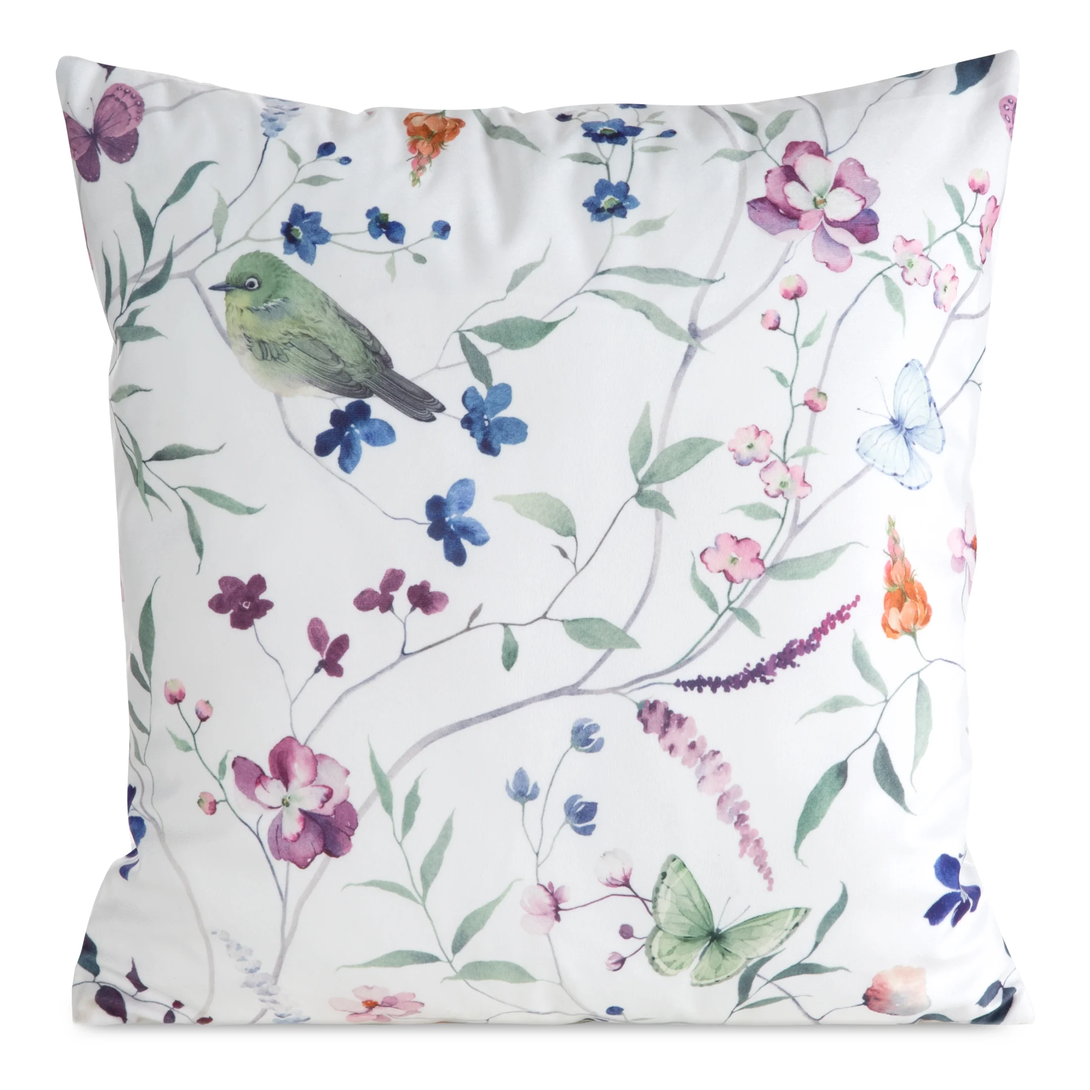Poszewka na poduszkę 45x45 cm welwetowa biało, zielona zdobiona nadrukiem letnich kwiatów MINK | eurofirany