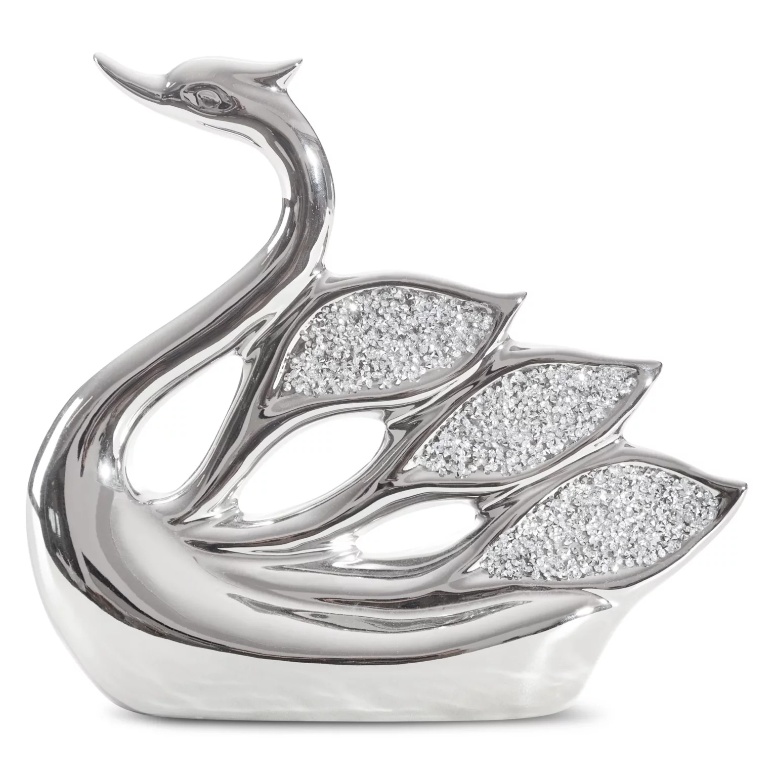 Figurka ceramiczna srebrna łabędź  zdobiona drobnymi kryształkami, w stylu glamour 27x8x26 cm PALMERA