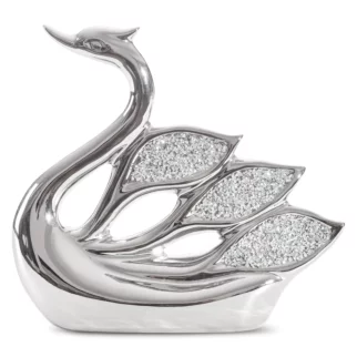 Figurka ceramiczna srebrna łabędź  zdobiona drobnymi kryształkami, w stylu glamour 27x8x26 cm PALMERA