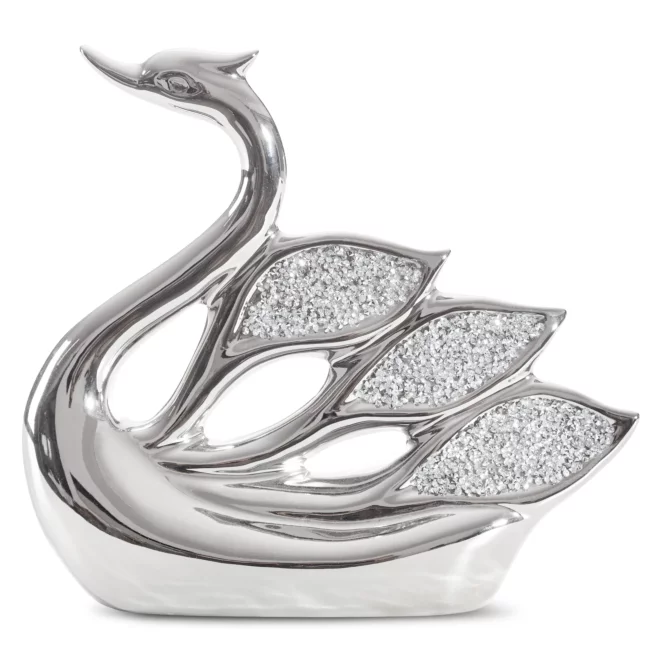 Figurka ceramiczna srebrna łabędź zdobiona drobnymi kryształkami, w stylu glamour 27x8x26 cm PALMERA