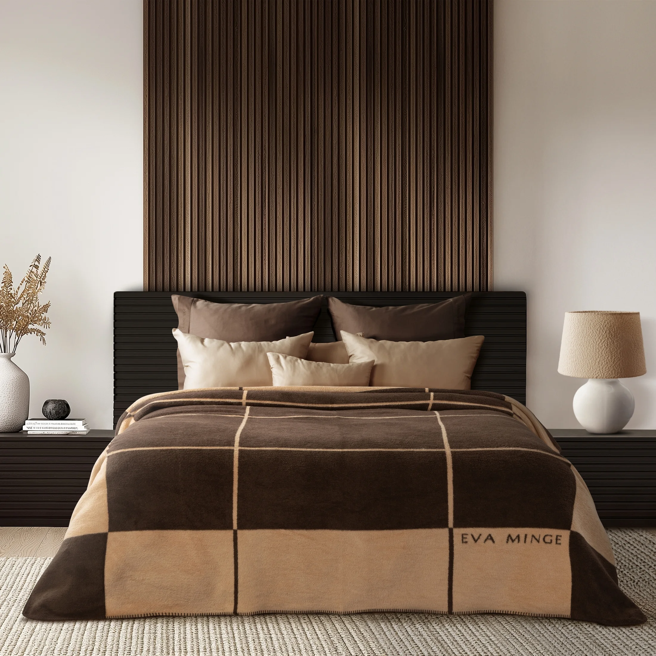 Koc bawełniano-akrylowy 220x240 cm jasnobeżowo, ciemnobrązowy z geometrycznym nadrukiem ELEGANTE Eva Minge | eurofirany