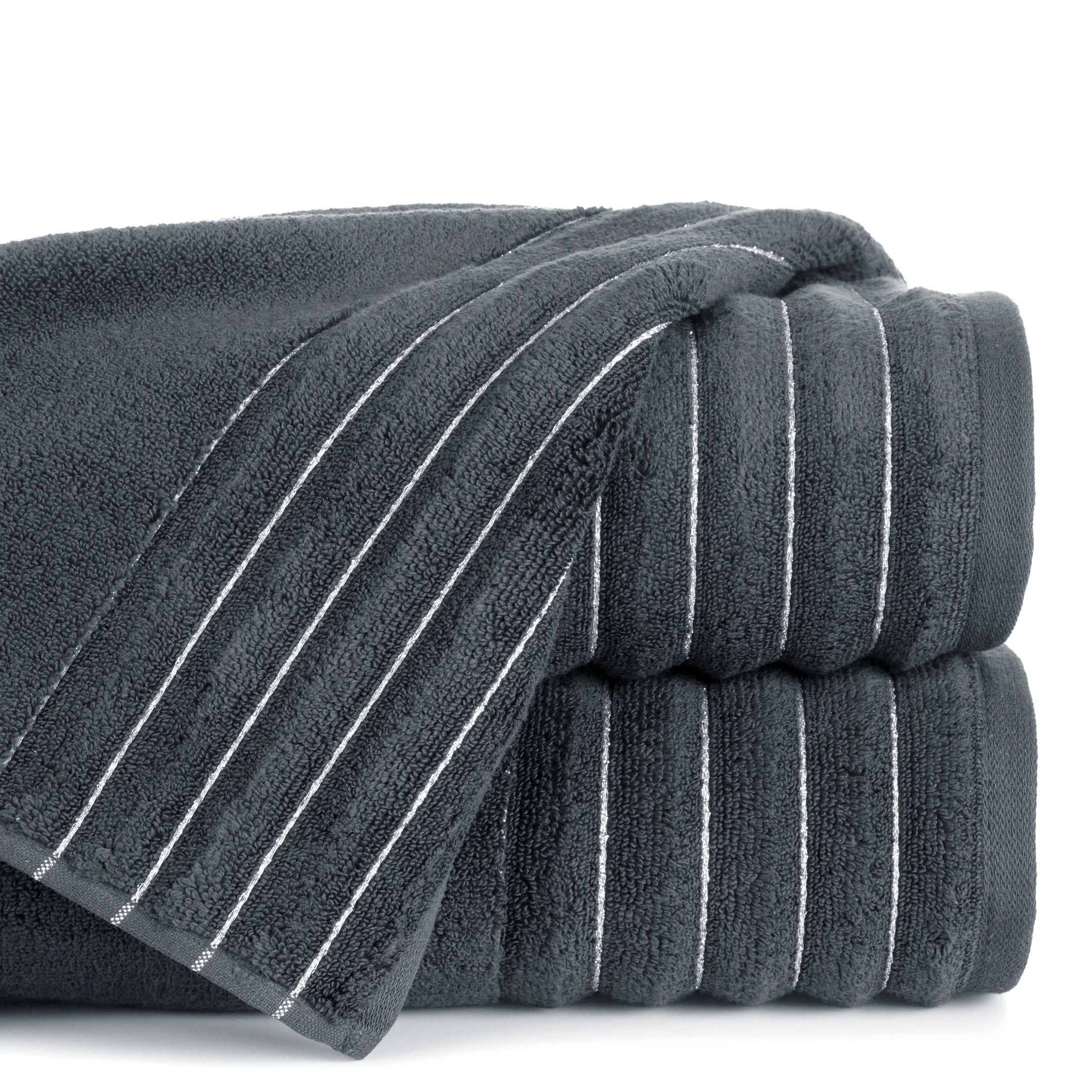 Ręcznik kąpielowy 50x90 cm kolor stalowy zdobiony prążkami z błyszczącej nici 500 g/m2 LUNARI