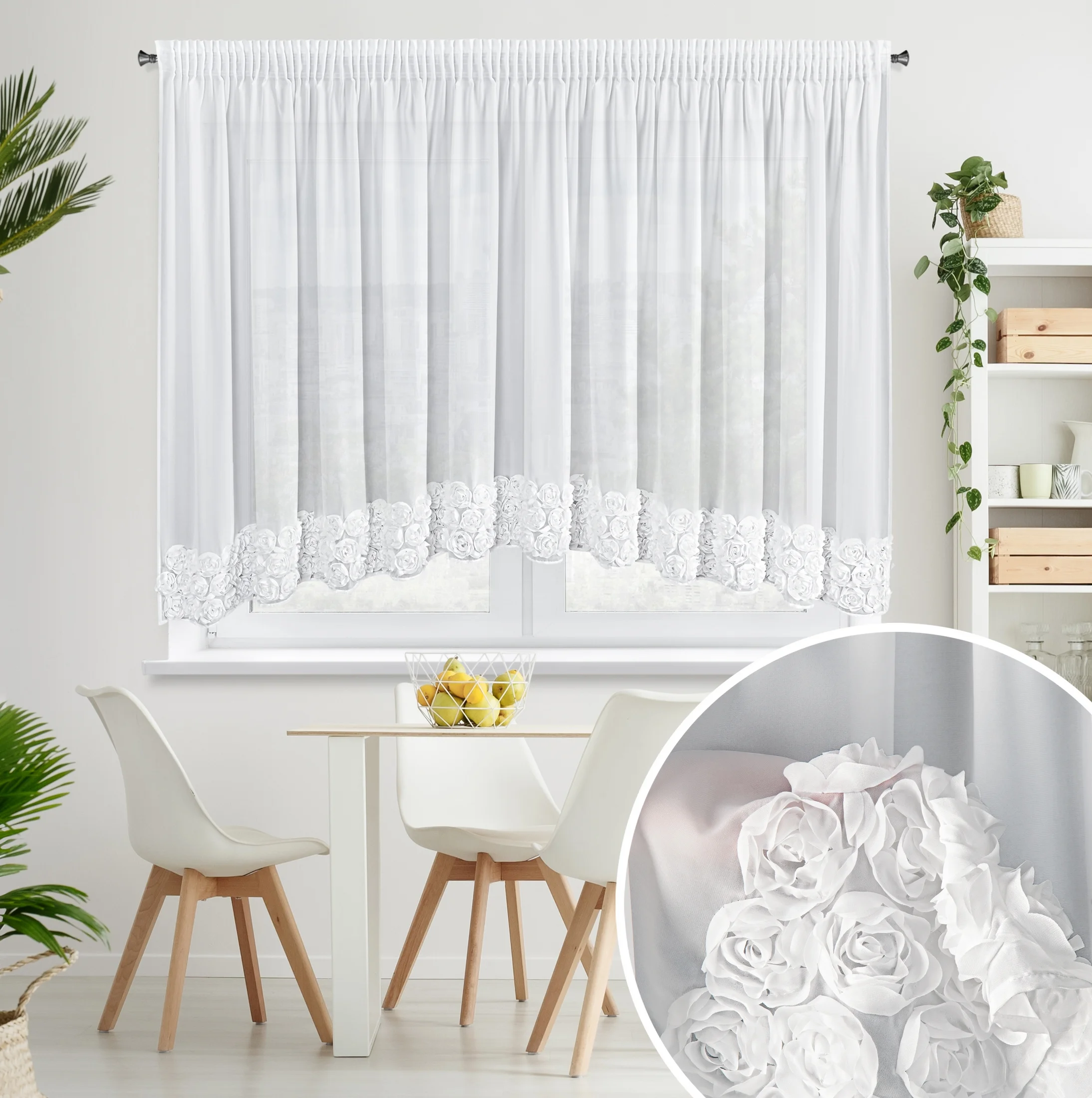 Firana biała z szyfonu zdobiona łukiem 3D róż 400x160 cm taśma - ROSES - Eva Minge | eurofirany