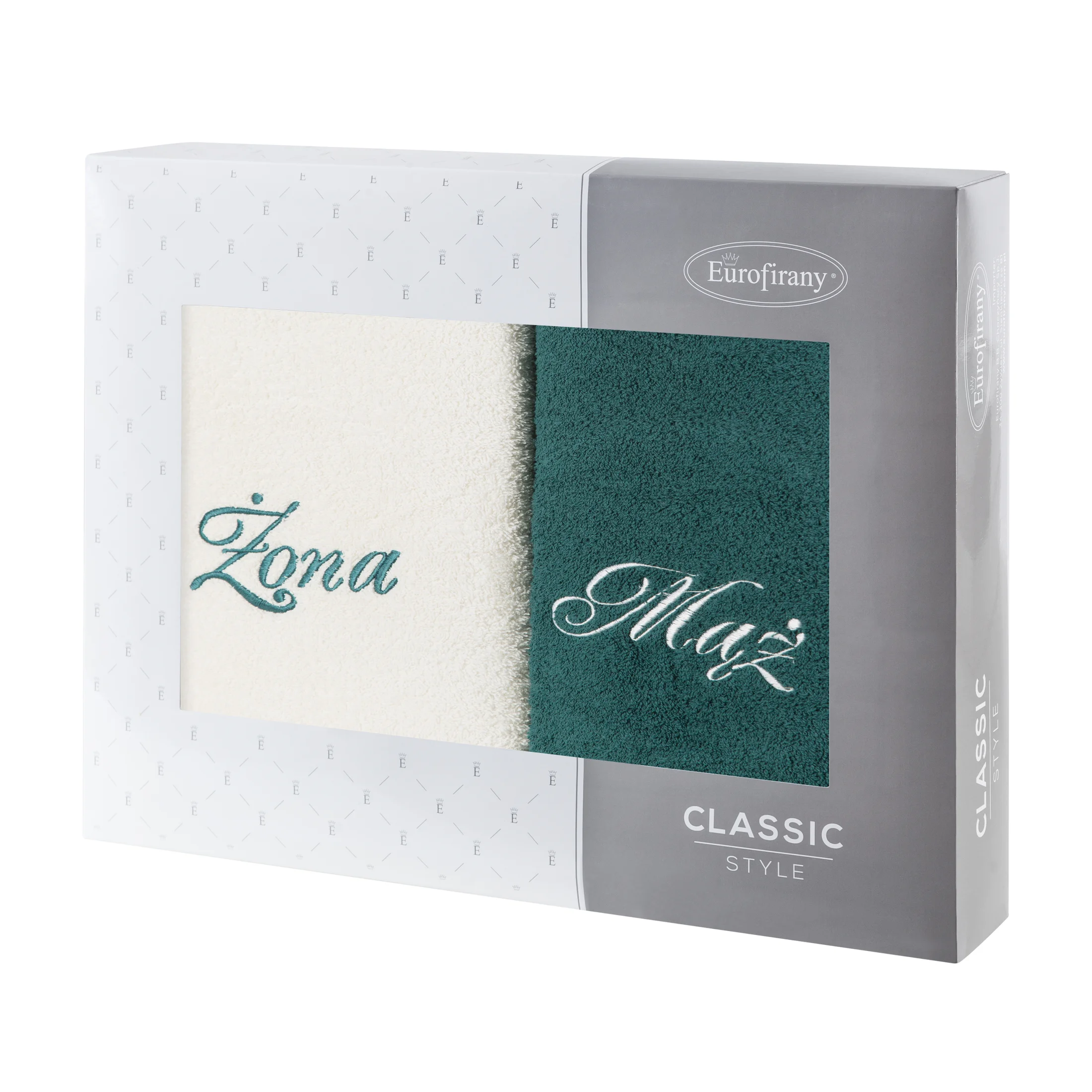 Zestaw ręczników bawełnianych na prezent 2 szt 70x140 cm z haftem Żona i Mąż kolor kremowy,ciemnozielony 400 g/m2