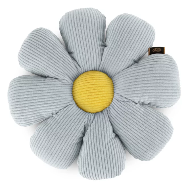 Poduszka w formie kwiatka średnica 37 cm z sztruksu srebrno, żółta FLOWER