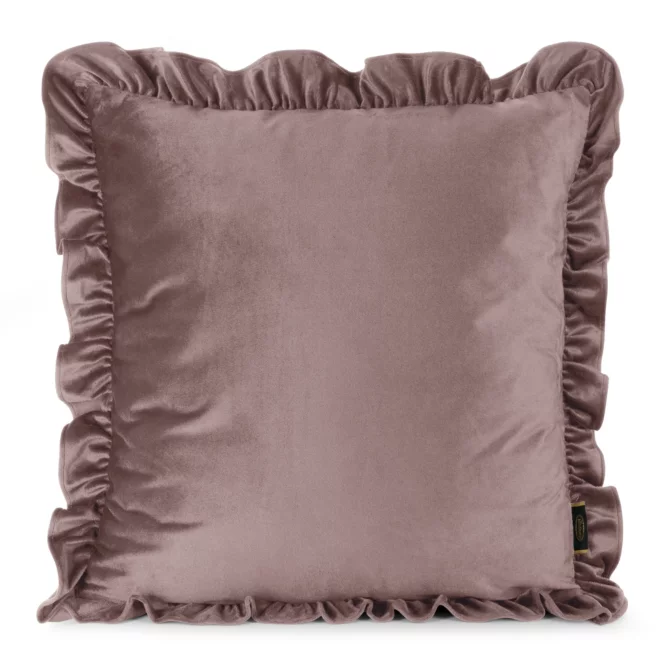 Poszewka na poduszkę 45x45 cm z aksamitnego welwetu kolor pudrowy róż zdobiona na brzegach falbanami BRENDA Eurofirany Premium