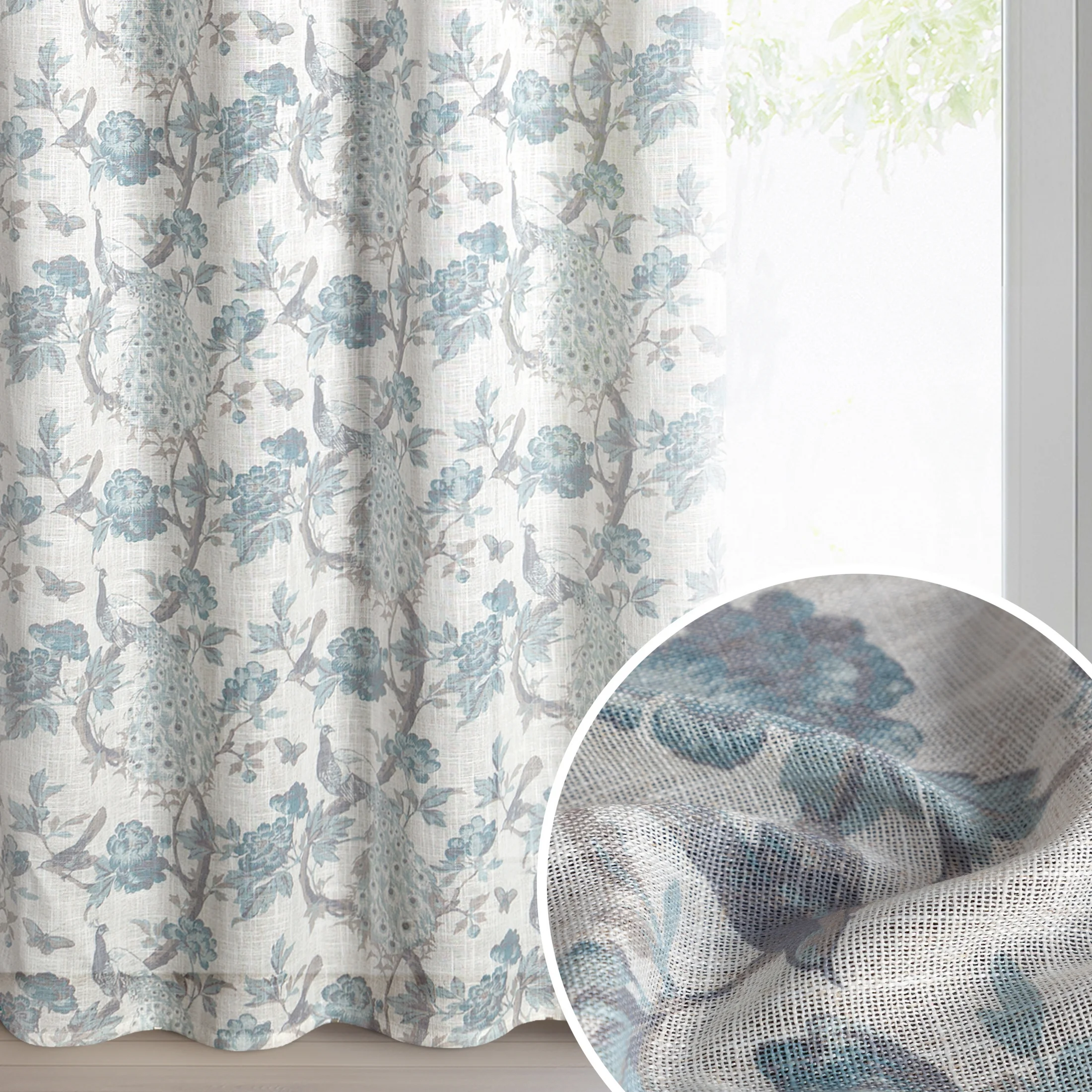 Zasłona kolor naturalny, niebieski z tkaniny z dodatkiem lnu zdobiona nadrukiem roślinnym 140x250 cm przelotka - EMERA | eurofirany