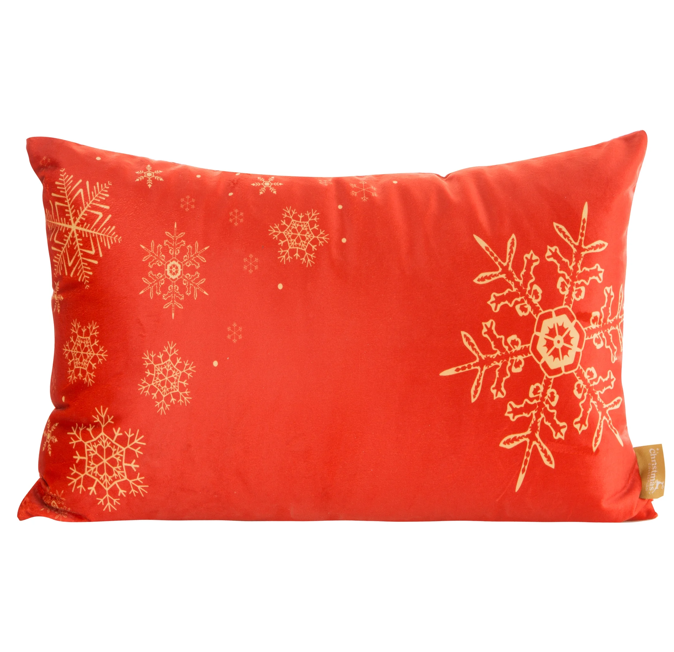 Poszewka na poduszkę 30x50 cm welwetowa, czerwona z nadrukiem złotych śnieżynek CHERRY | eurofirany