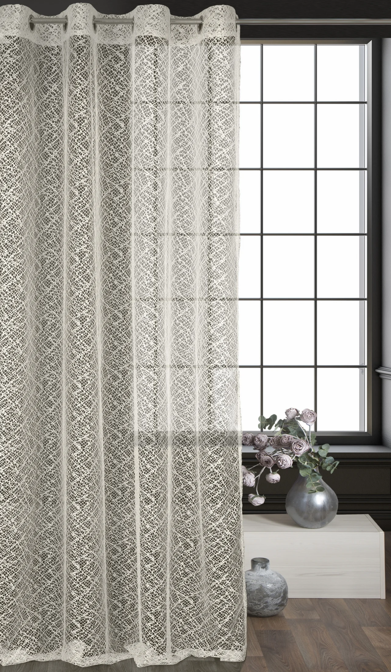 Firana kremowa o strukturze pajęczej sieci 140x250 cm przelotka AMANDA
