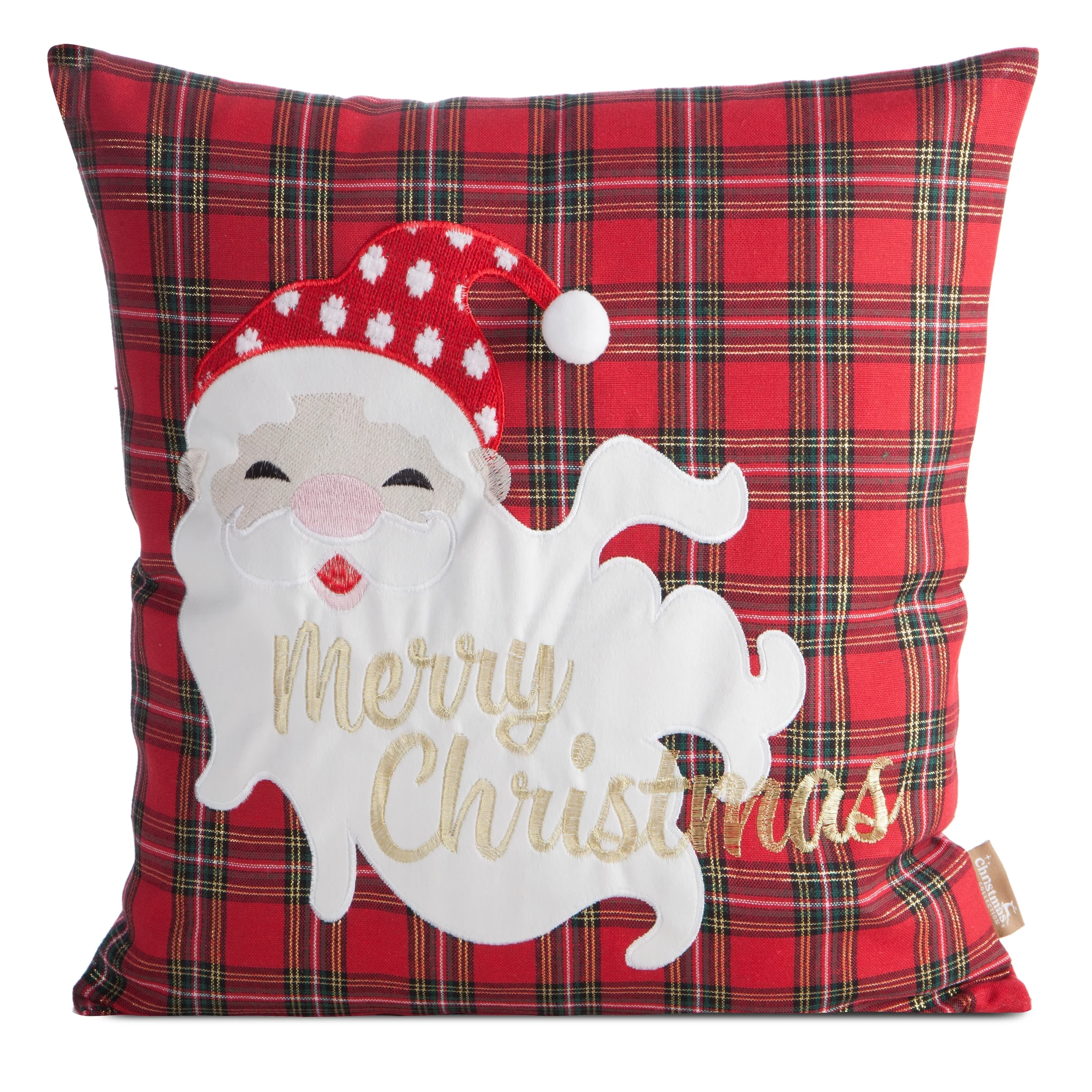 Poszewka na poduszkę świąteczna 45x45 cm czerwono, biała w kratę zdobiona haftem zabawnego Mikołaja | eurofirany