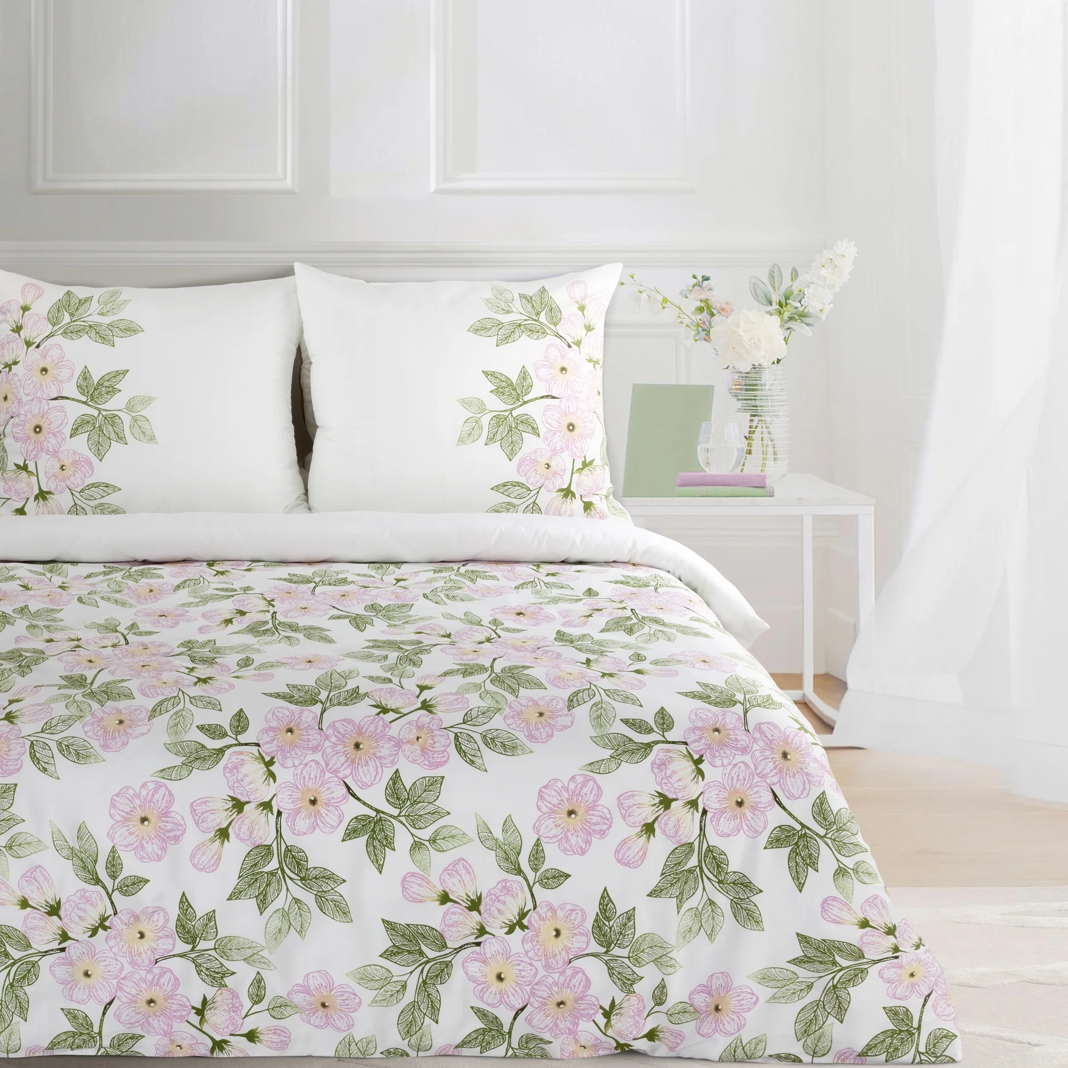 Pościel 160x200 cm bawełniana kolor biały, różowy z wzorem kwiatowym NIKA 44 |