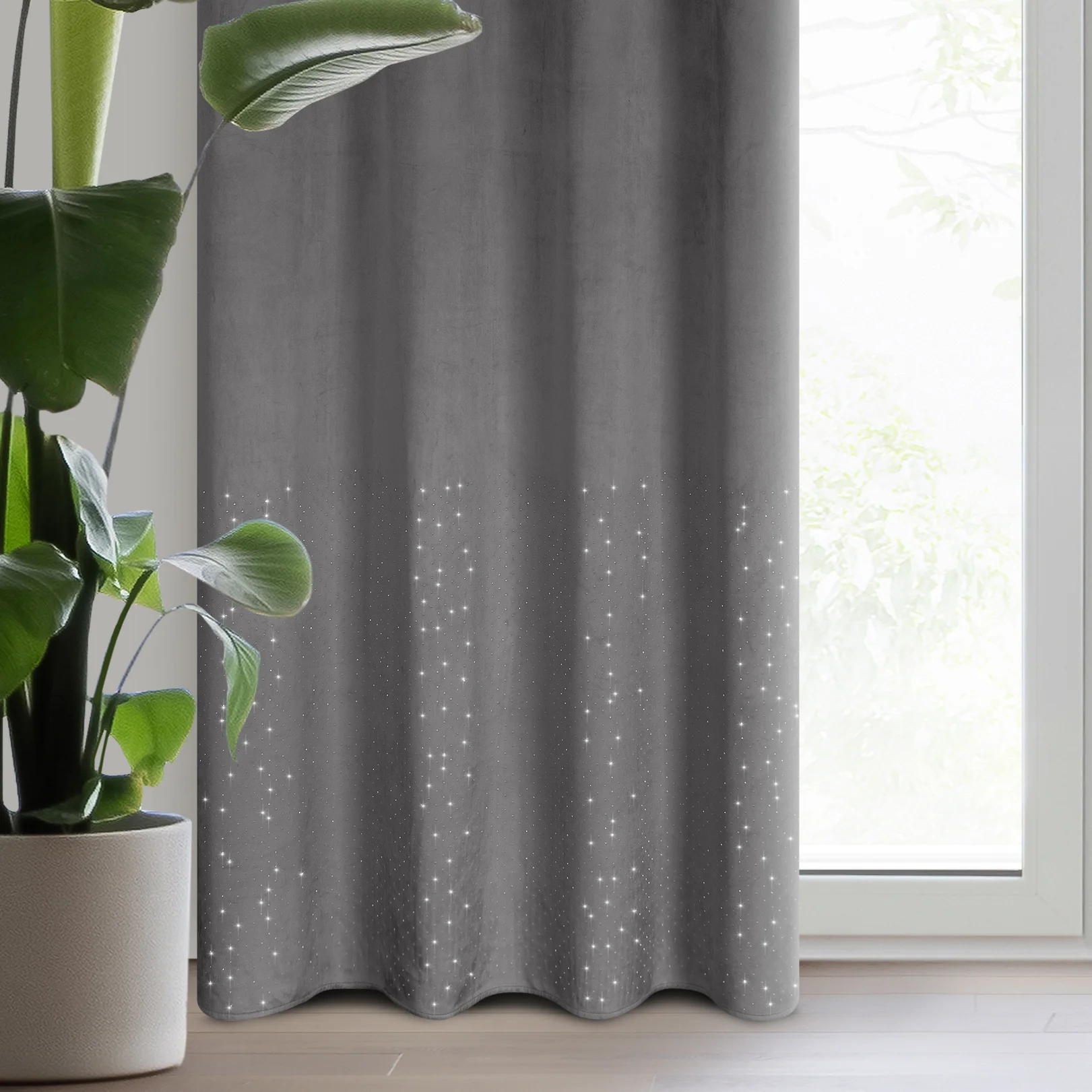 Zasłona welwetowa grafitowa z kryształkami 140x250 cm przelotka - ARIADNA | eurofirany