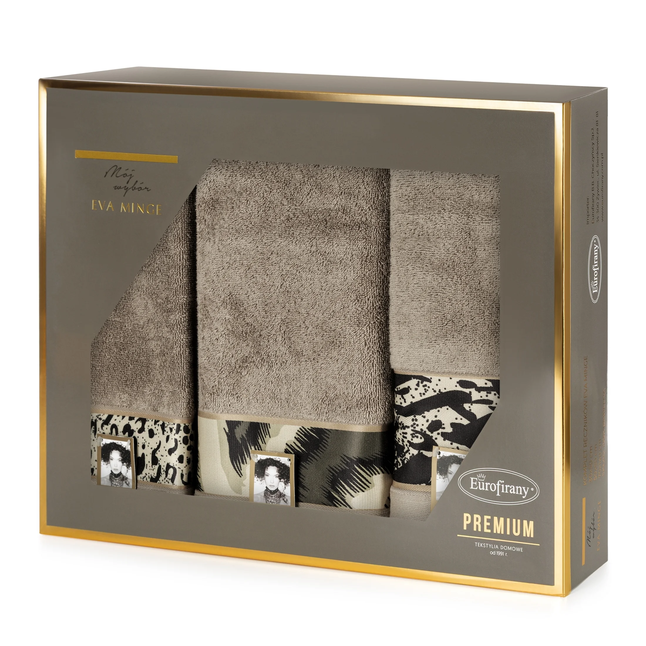 Zestaw ręczników bawełnianych na prezent 3 szt kolor ciemnobeżowy, czarny 500 g/m2 Eva Minge