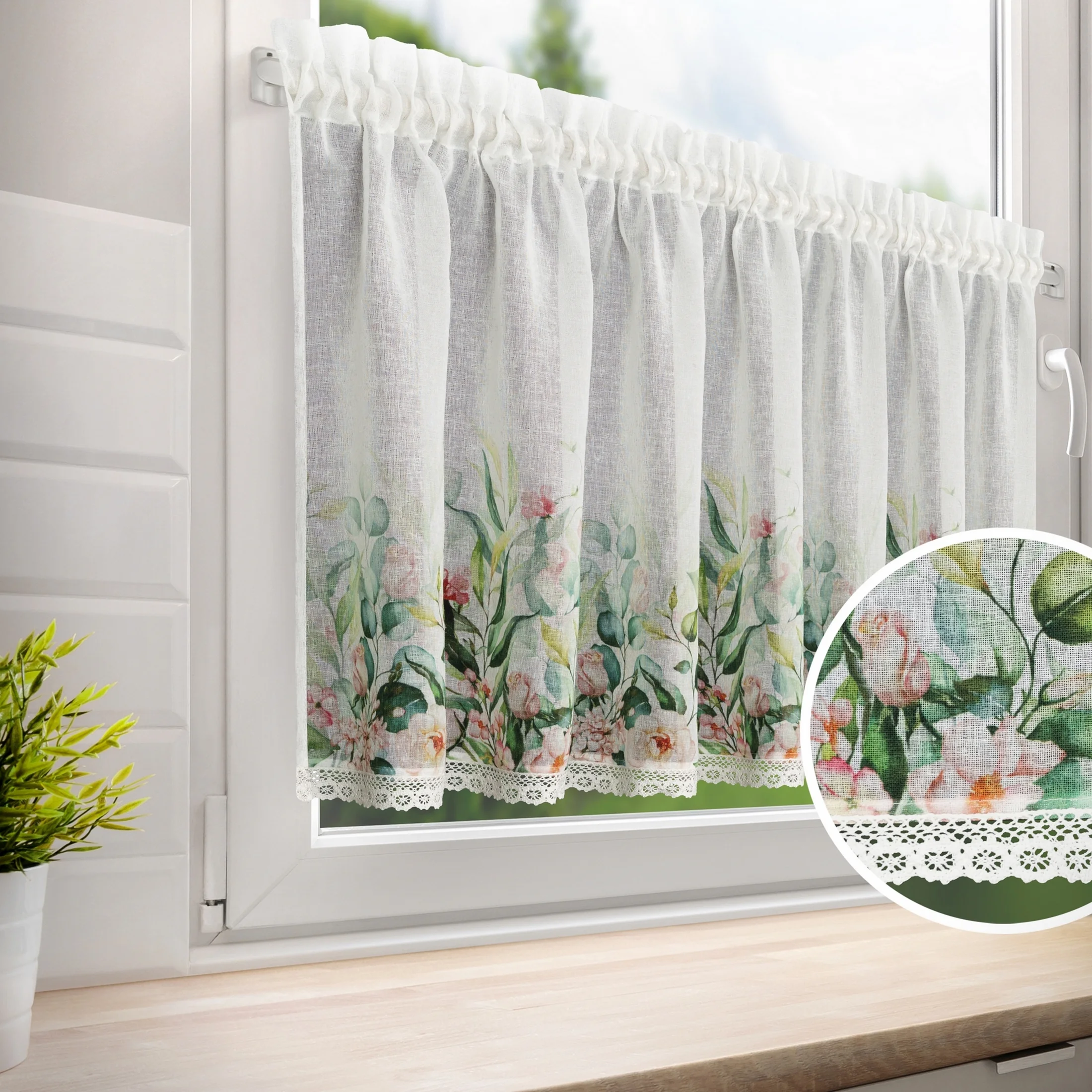 Zazdrostka biało, zielona z etaminy z zdobiona nadrukiem kwiatów i koronką 150x60 cm tunel ESTERA