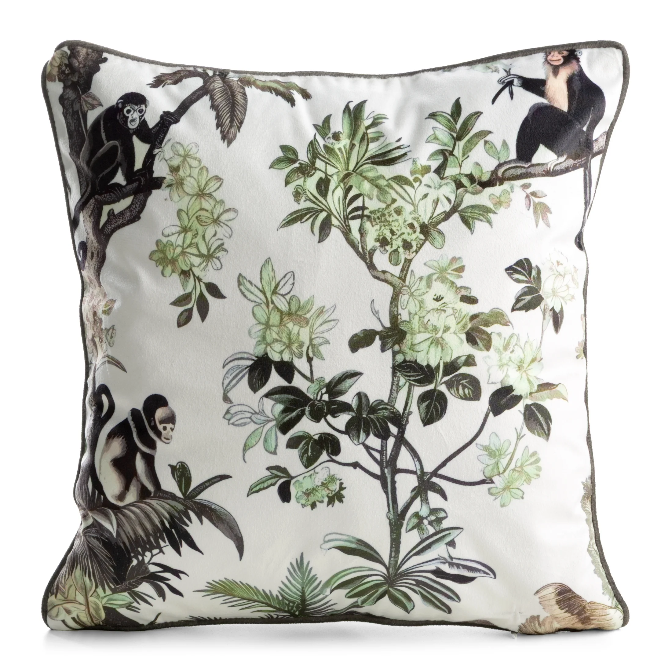 Poszewka na poduszkę 45x45 cm welwetowa biało, zielona z roślinnym nadrukiem VELVET 206 | eurofirany