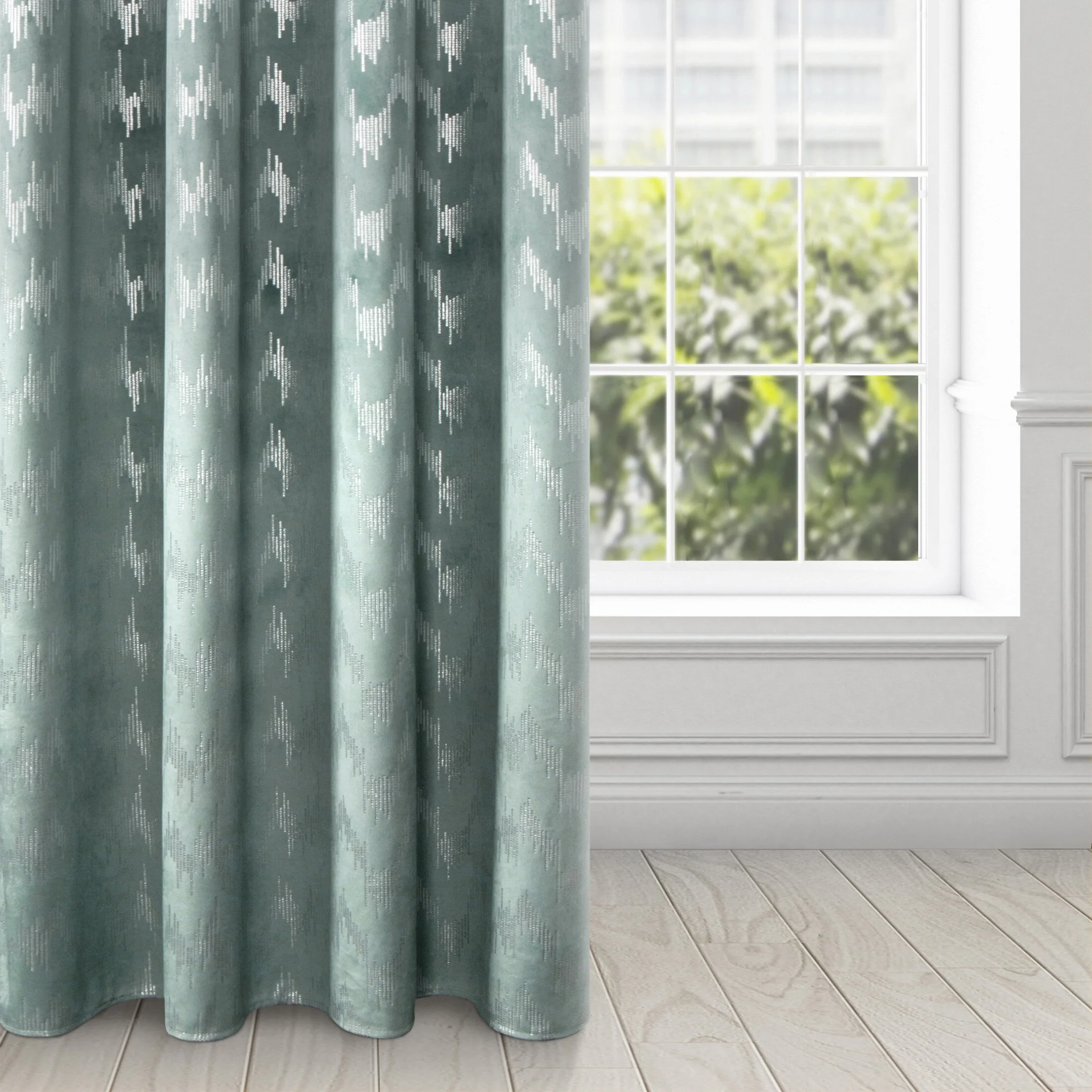 Zasłona welwetowa morska ze srebrnym wzorem 140x250 cm przelotka - BIANKA | eurofirany