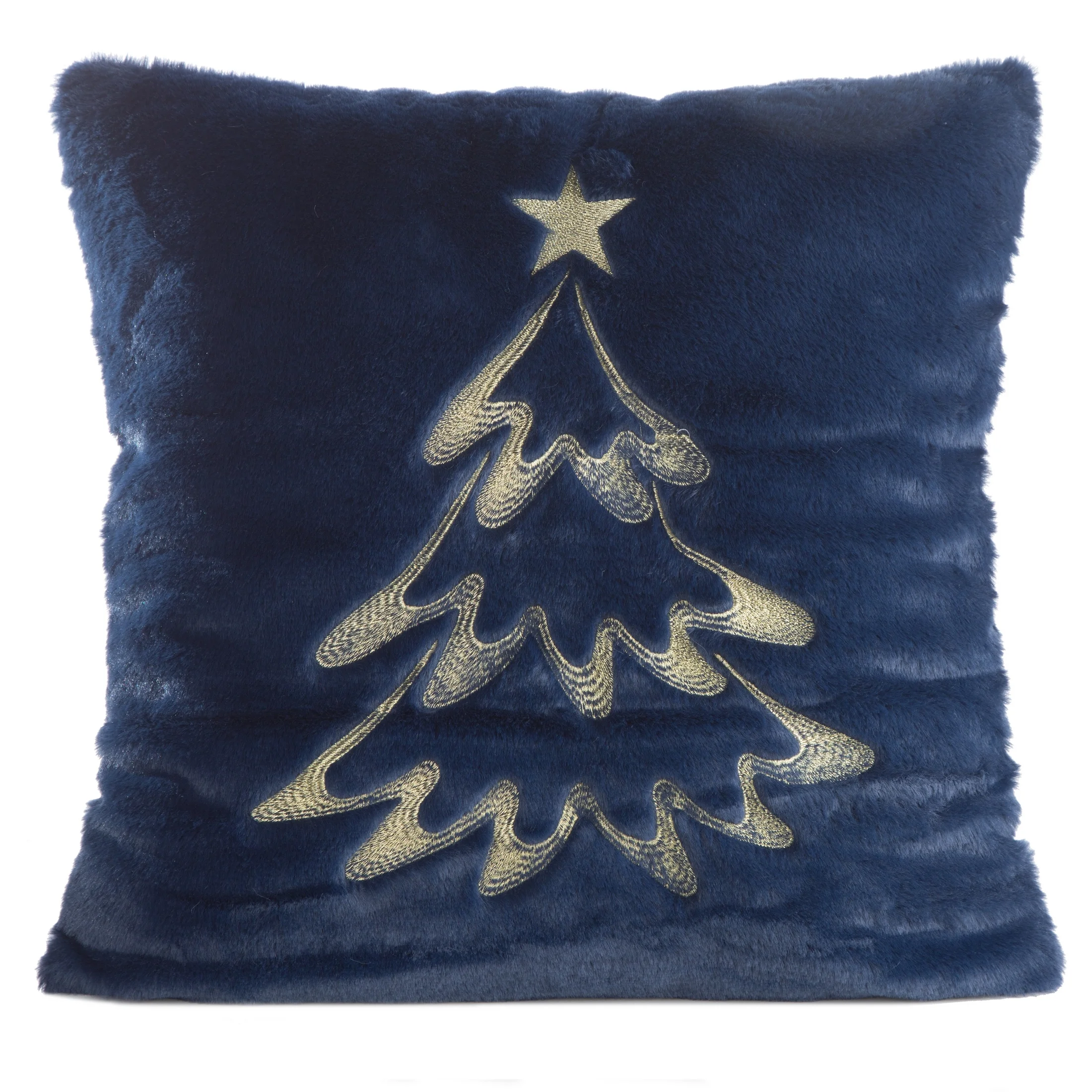 Poszewka na poduszkę świąteczna 45x45 cm granatowo, szampańska z przyjemnego futerka zdobiona haftem choinki | eurofirany