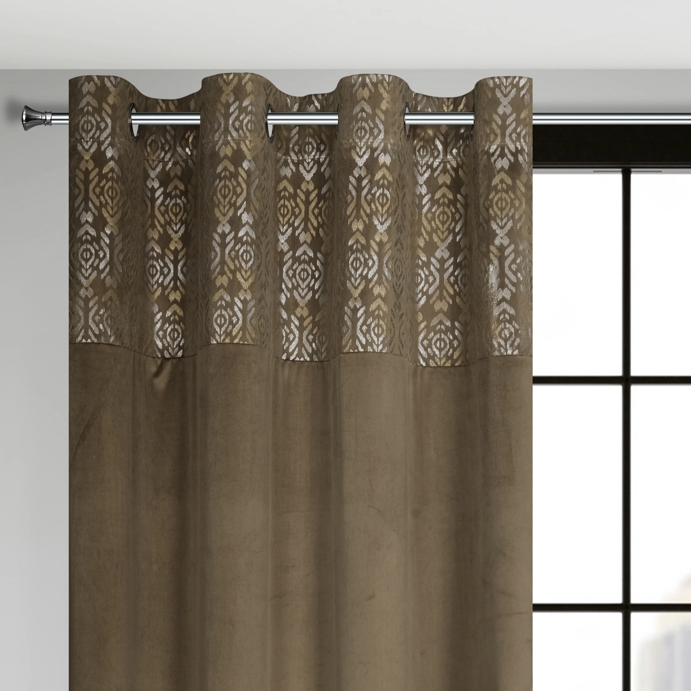 Zasłona jasnobrązowa, złota z dekoracyjnym pasem z welwetu 140x250 cm przelotka - LIZA | eurofirany