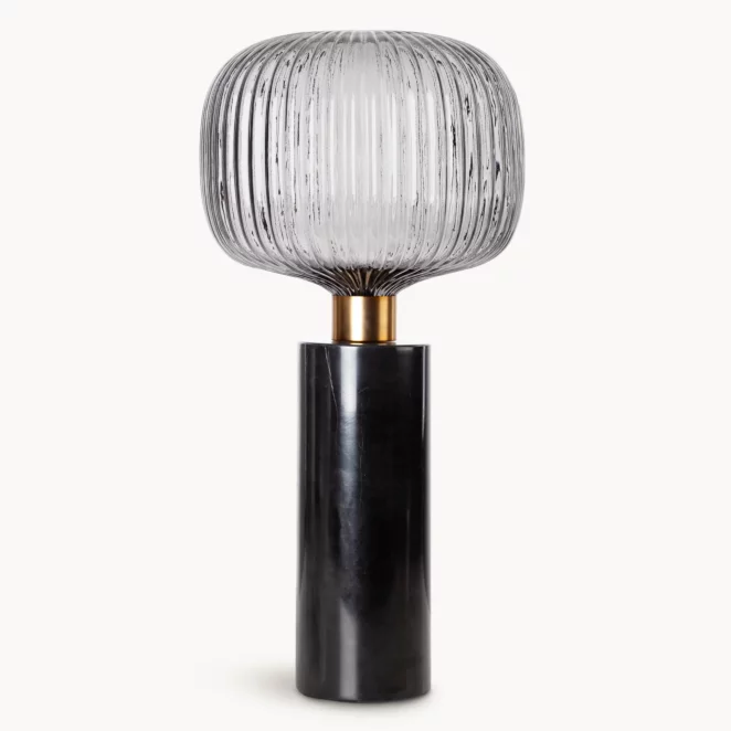 Lampa stołowa do salonu czarno, grafitowa LUKA o marmurowej podstawie i szklanym tłoczonym kloszem