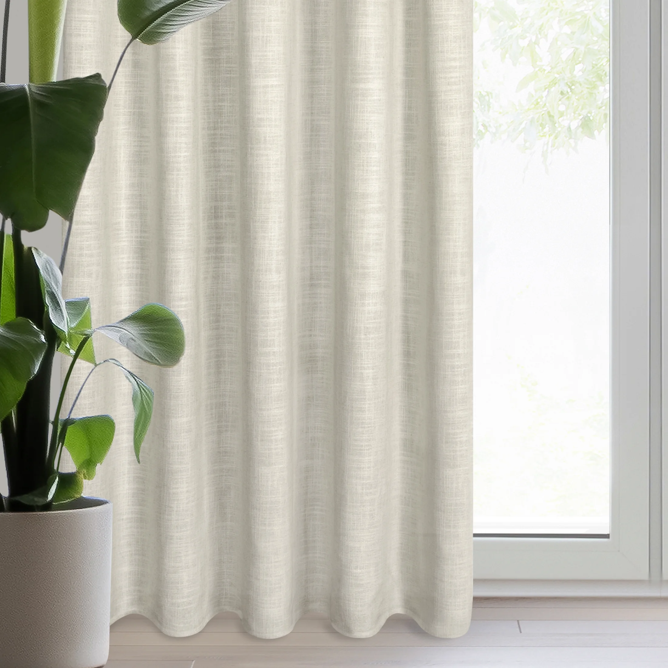 Zasłona ciemnobeżowo, srebrna z dodatkiem lnu i błyszczącym akcentami 140x270 cm taśma - ROSI | eurofirany