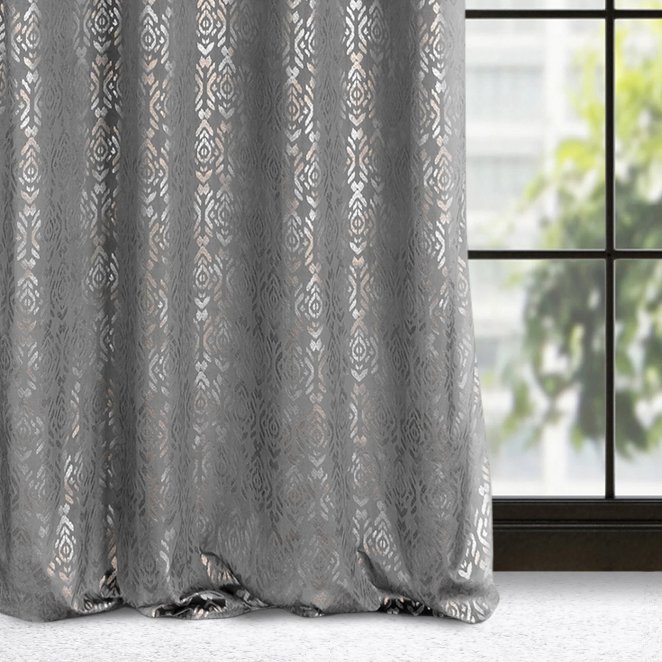 Zasłona stalowo, złota ze złotym wzorem z welwetu 140x250 cm przelotka - LAURA | eurofirany