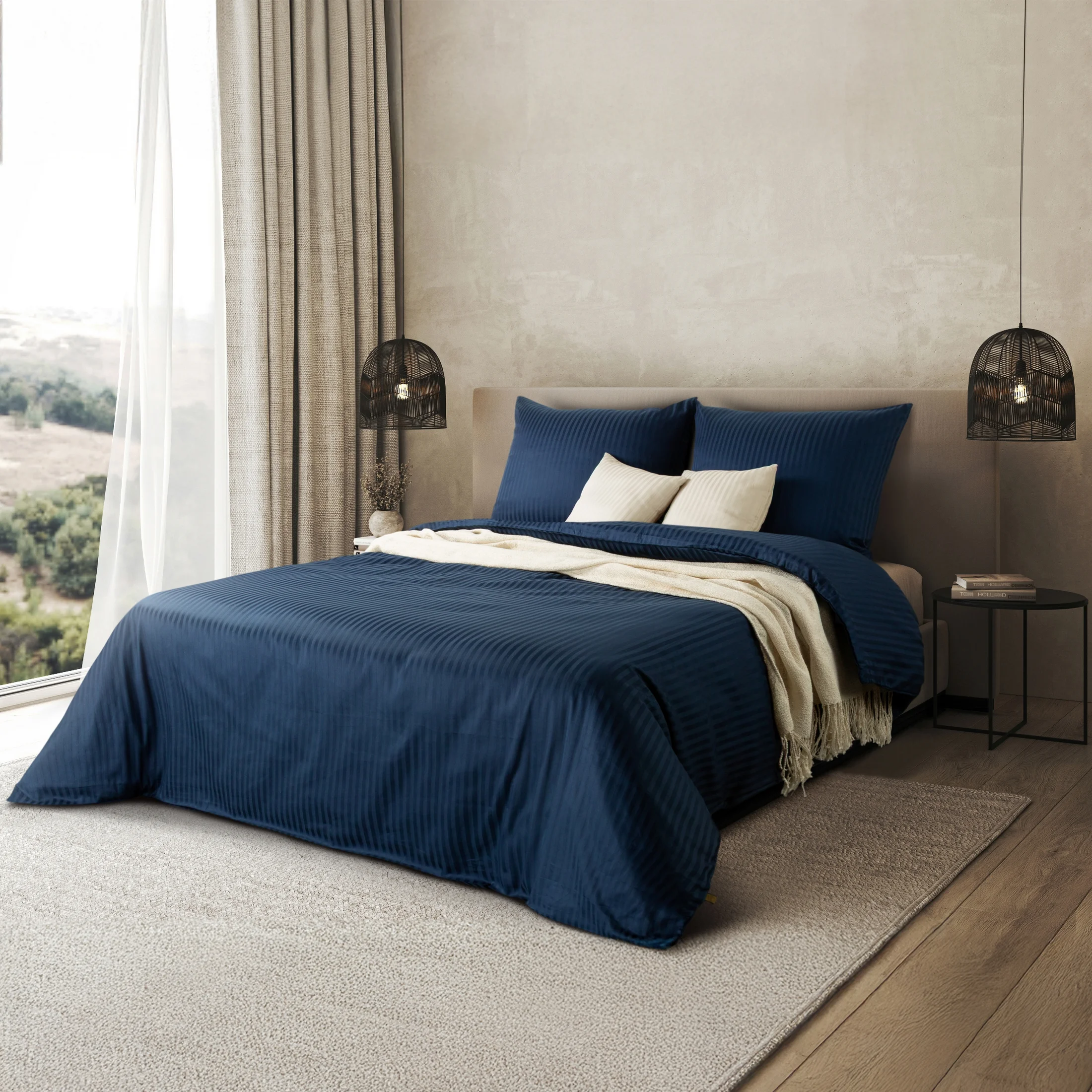 Pościel 160x200 cm satyna bawełniana kolor granatowy w drobne prążki VERA |