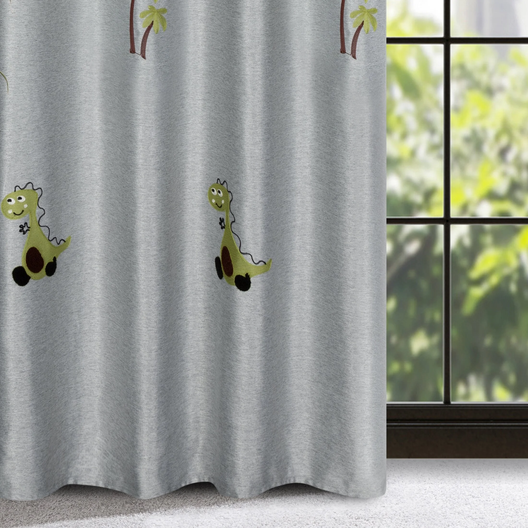 Zasłona srebrno, zielona w dinozaury do pokoju dziecięcego 140x250 cm przelotka - DINO | eurofirany