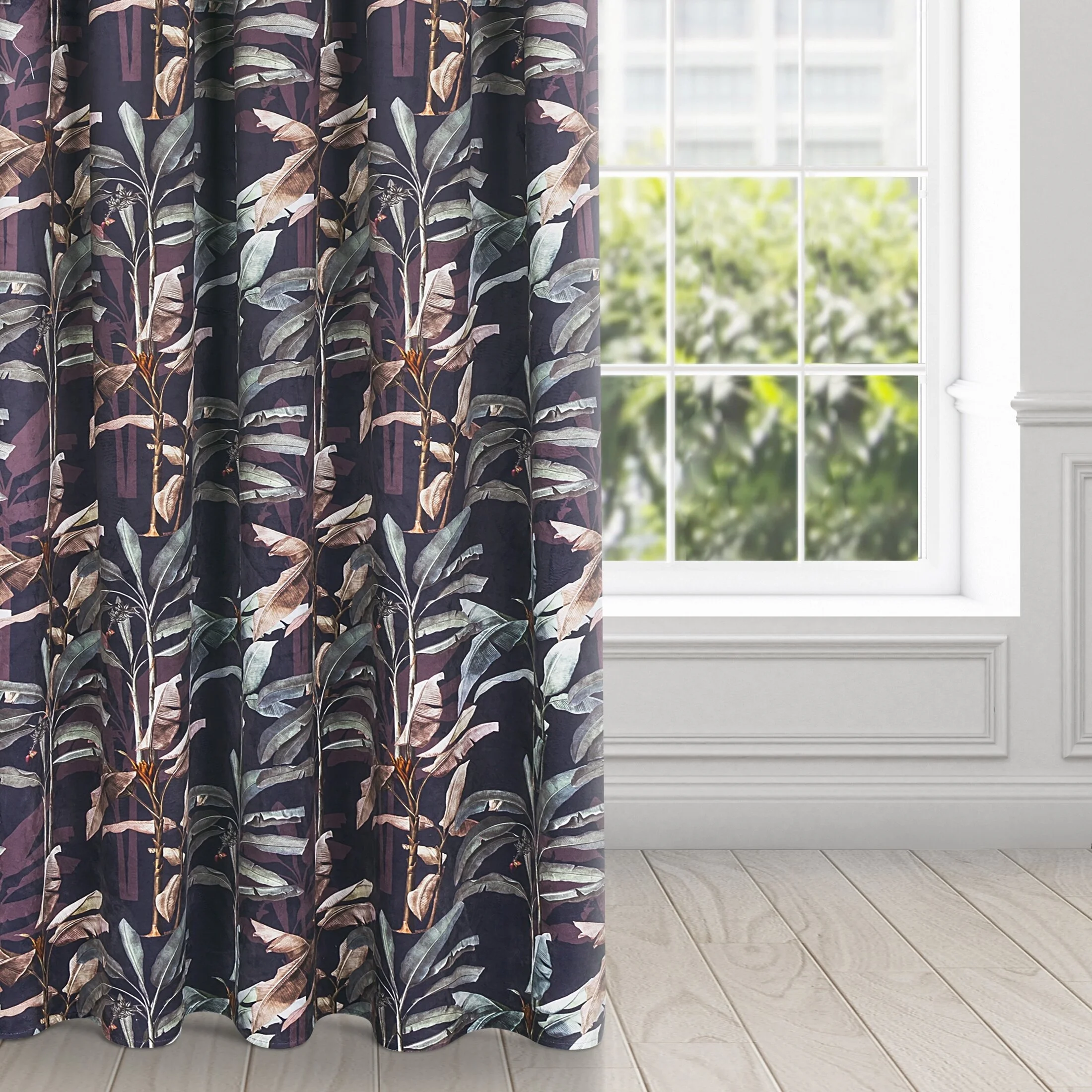 Zasłona welwetowa grafitowa z nadrukiem w stylu botanic 140x270 cm taśma - NICOL | eurofirany