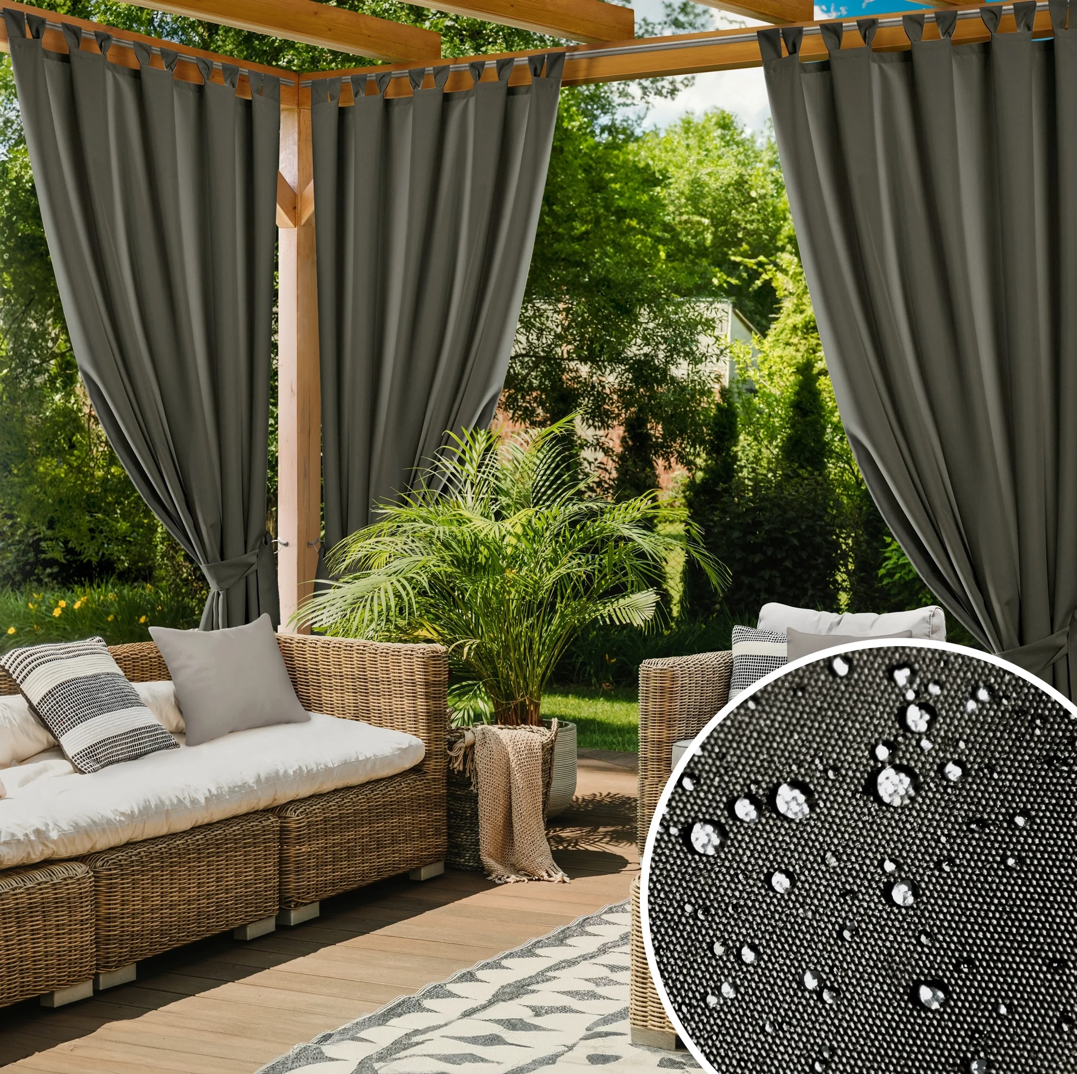 Zasłona grafitowa z wodoodpornej tkaniny idealna do ogrodu i na taras 155x240 cm szelki/rzep - GARDEN | eurofirany