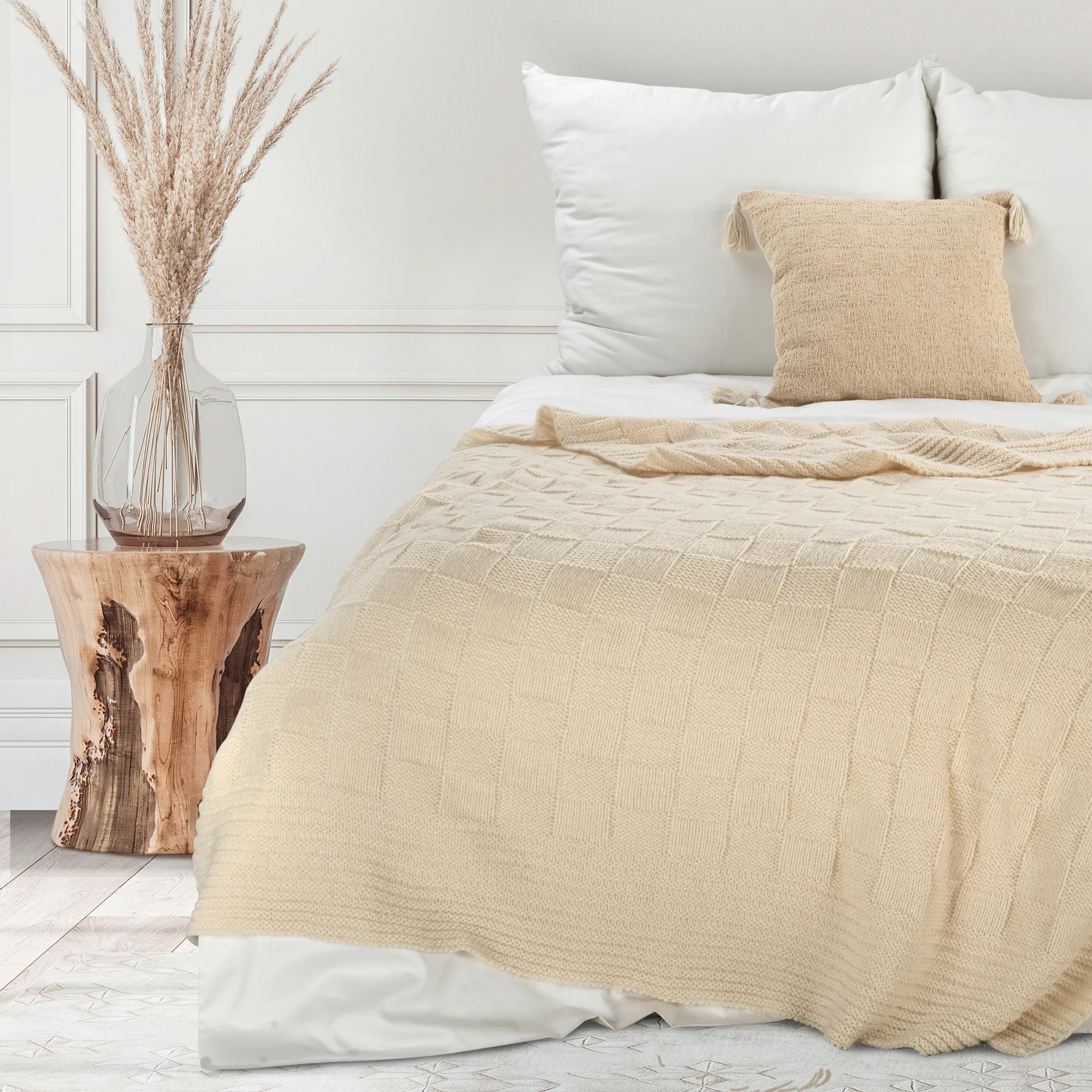 Koc 130x170 cm beżowy o widocznym splocie PLED