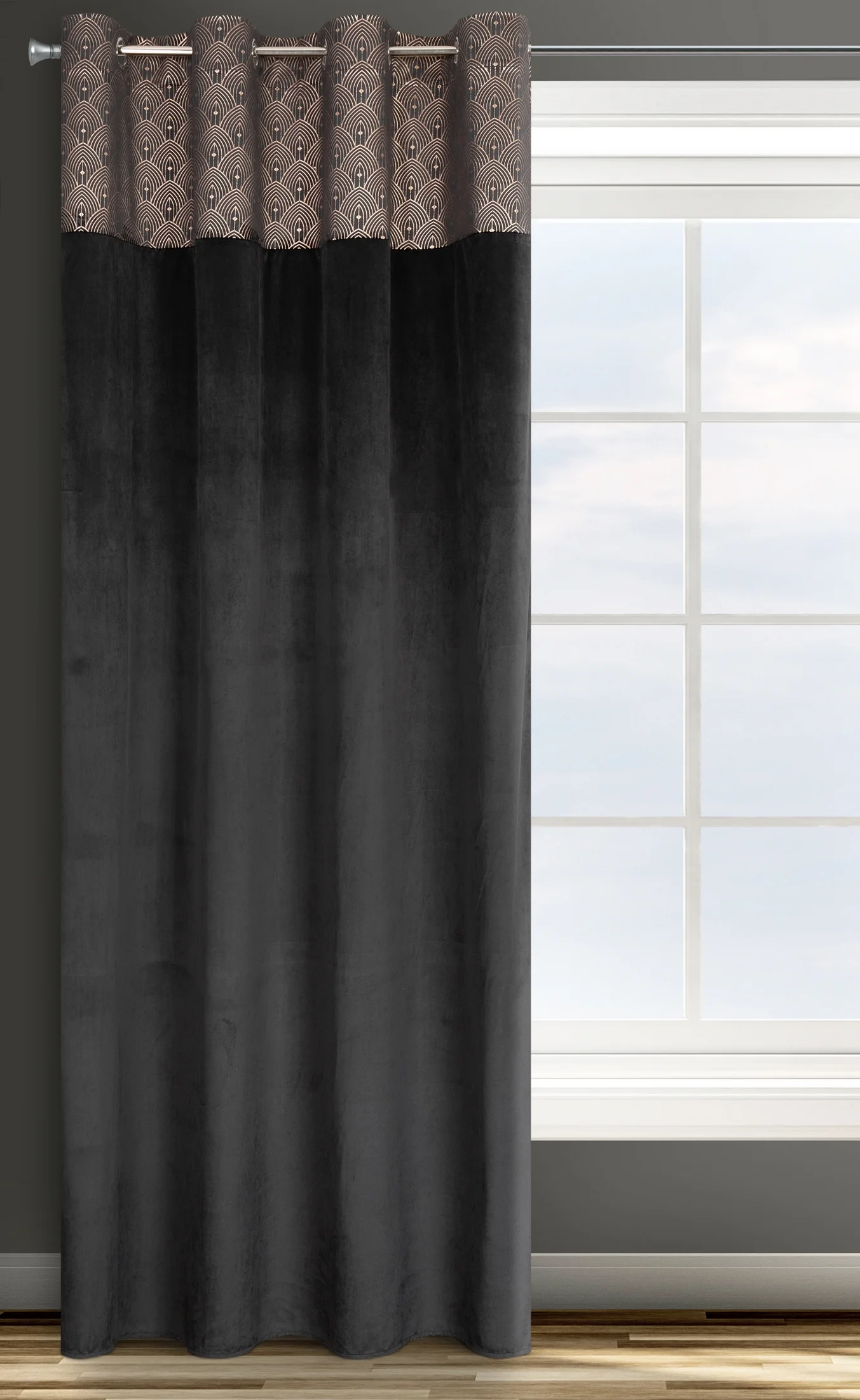 Zasłona czarna z aplikacją z błyszczącego welwetu 140x250 cm przelotka - AGNES - Design 91