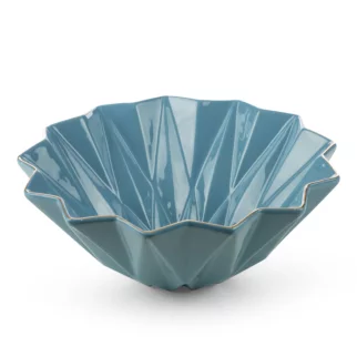 Patera ceramiczna dekoracyjna niebiesko-złota  z geometrycznymi wytłoczeniami średnica 28x11 cm ALANI