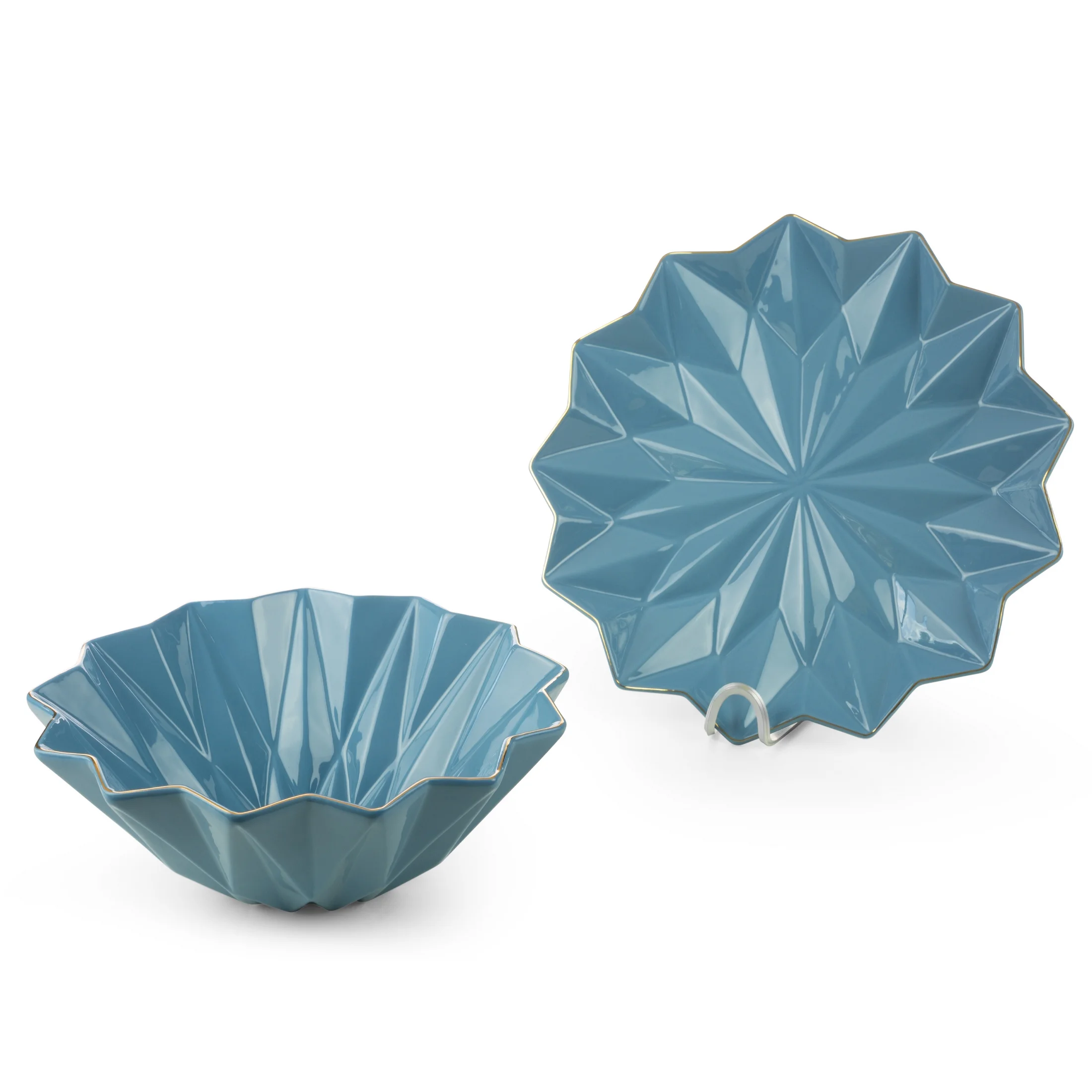Patera ceramiczna dekoracyjna niebiesko-złota z geometrycznymi wytłoczeniami średnica 28x11 cm ALANI