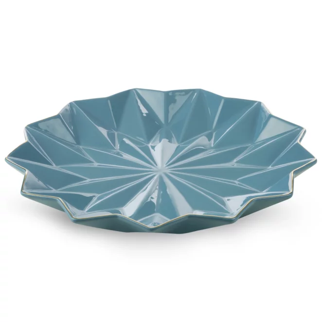 Patera ceramiczna niebiesko-złota z geometrycznymi wytłoczeniami 33x33x4 cm ALANI