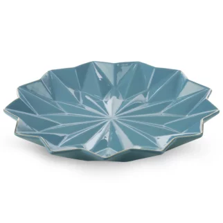 Patera ceramiczna niebiesko-złota z geometrycznymi wytłoczeniami 33x33x4 cm ALANI