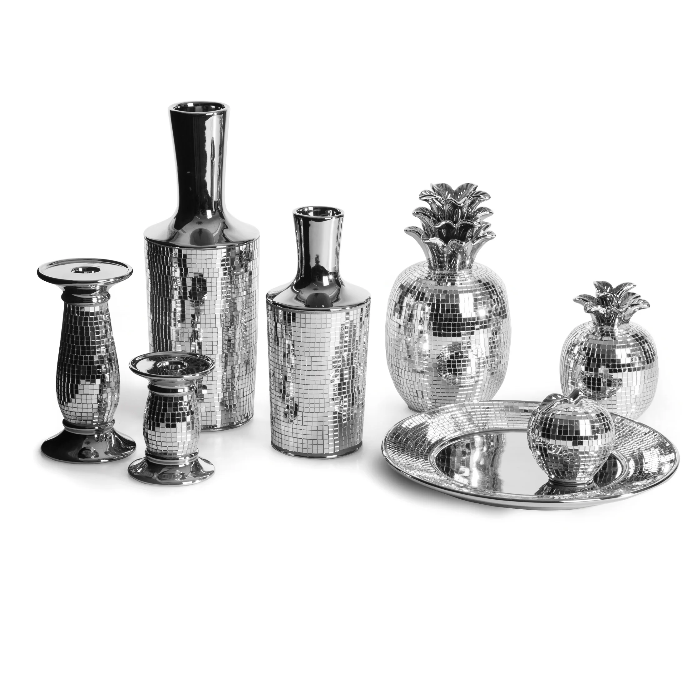 Figurka ceramiczna srebrna ananas zdobiona drobnymi witrażowymi lusterkami 11x16 cm MIRONA