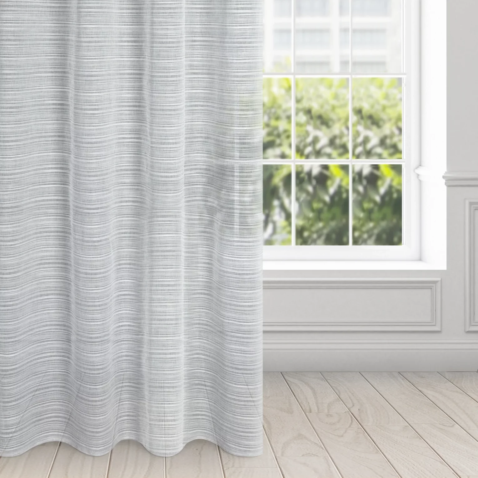 Firana szara z efektem deszczyku w poprzeczne prążki 140x250 cm przelotka ARIA