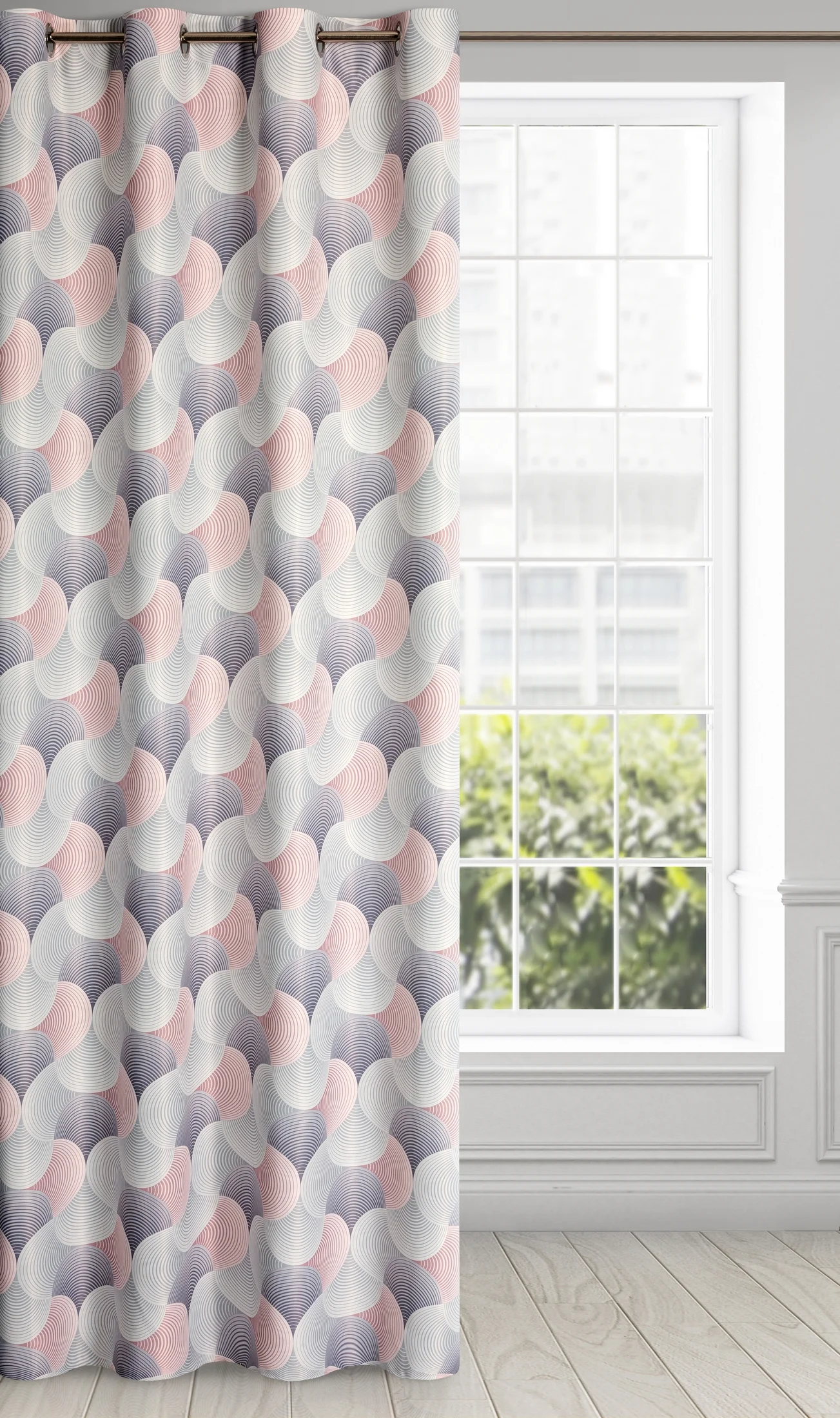 Zasłona szaro, różowa dimout z geometrycznym wzorem 140x250 cm przelotka - ASETA