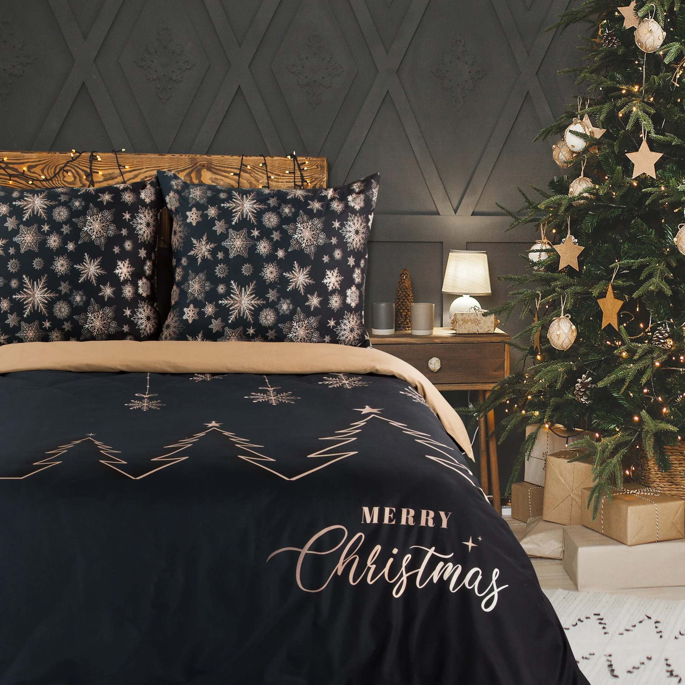 Pościel świąteczna 140x200 cm bawełniana kolor czarny, złoty z eleganckim wzorem styl glamour ASTRA | 